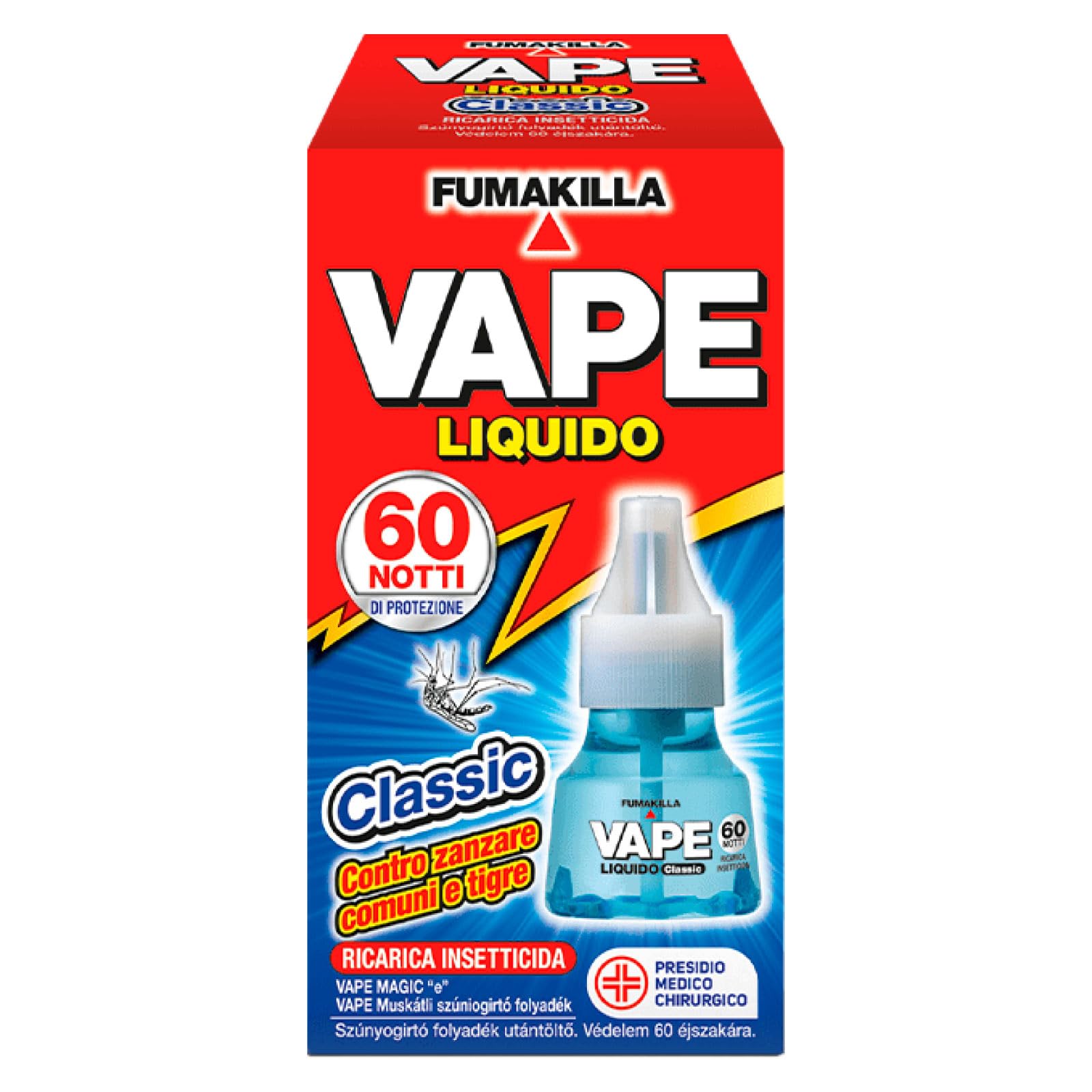 Vape Ricarica Liquida Classic 60 Notti per Diffusore Elettrico Insetticida Zanzare Comuni Tigre e Mosche Presidio Medico Chirurgico - 5 Confezioni