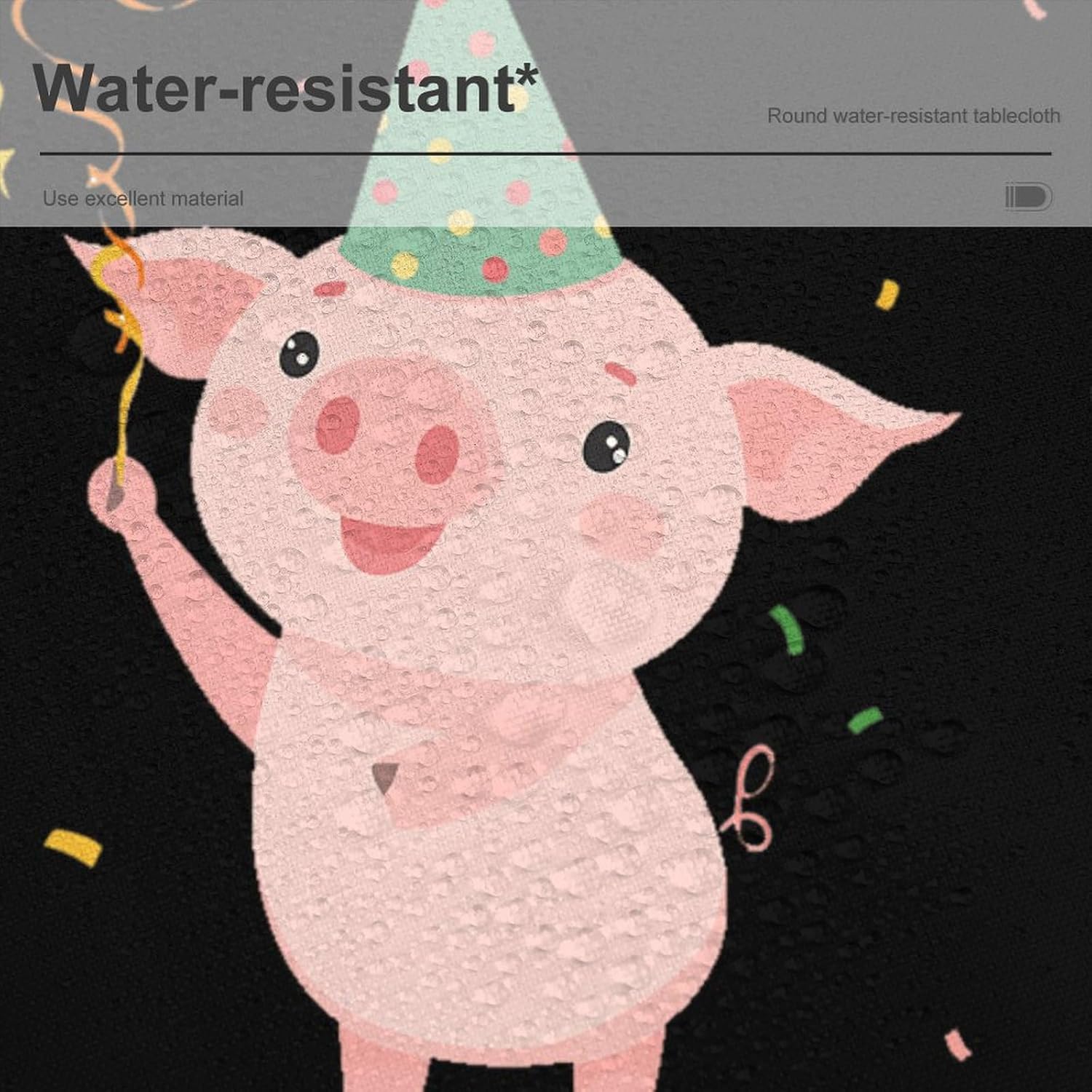 Piglet with Party Hat Round Tablecloth Water Resistant Table Cloth Decorative for Picni Camping Dining 70x70in