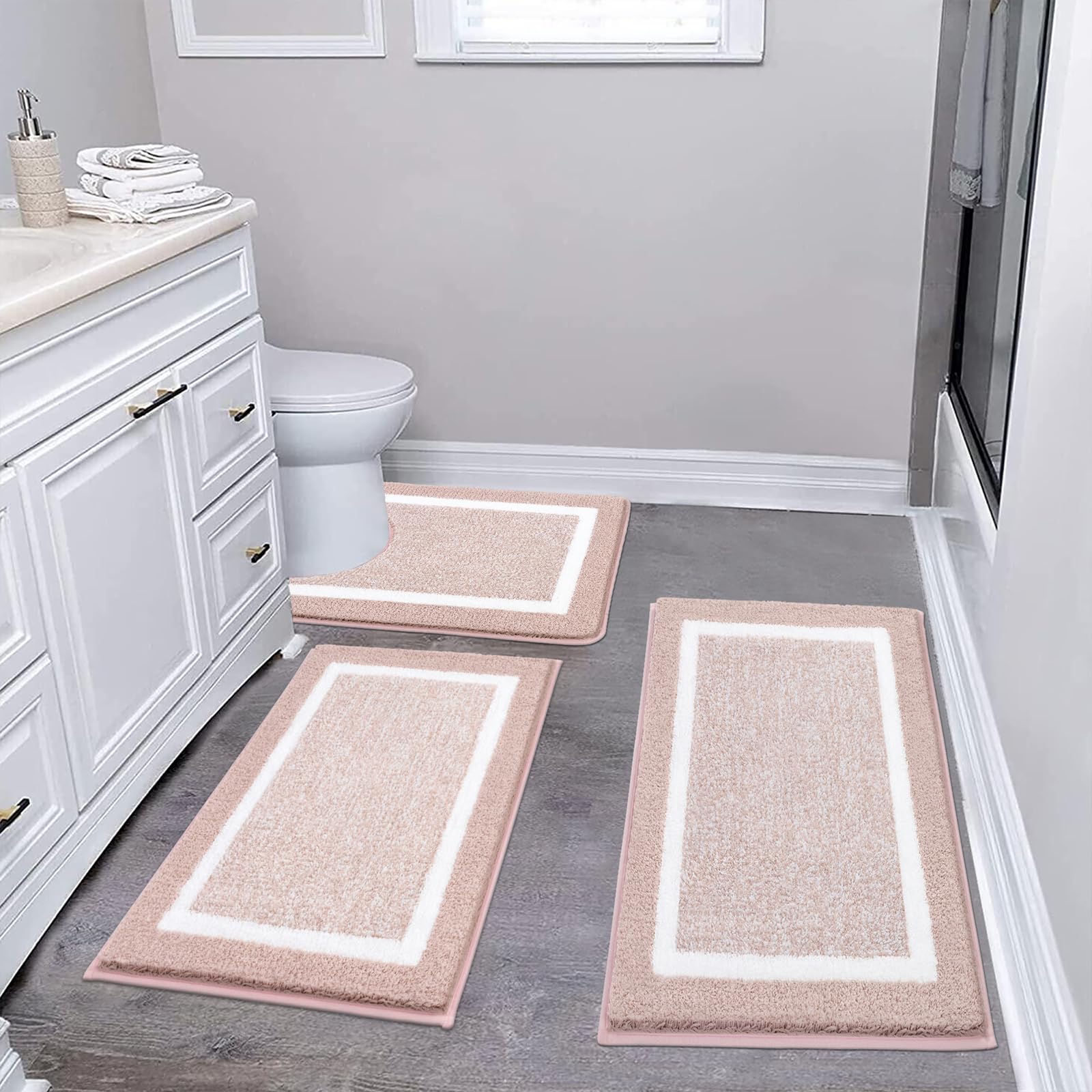 Pauwer Bathroom Rugs Sets 3 Piece Bathroom Shower Rugs with U-Shaped Contour Toilet Mat Absorbent Microfiber Plush Bath Mats Non Slip Bath Rugs