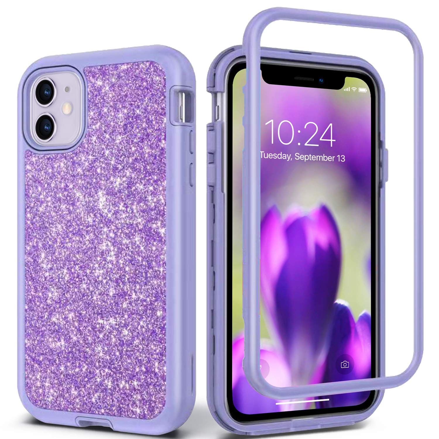 Coolwee Glitter Full Protective Case for iPhone 11 Heavy Duty Hybrid 3 in 1 Rugged Shockproof Women Girls for Apple iPhone 11 6.1 inch Shiny Bling Light Purple