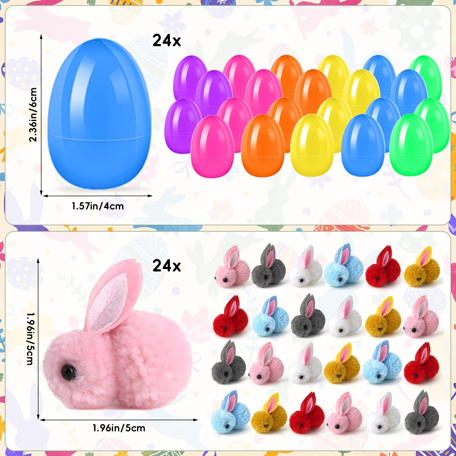 48 Pack Easter Eggs Fillers with Easter Bunny Plush and Ribbons, Prefilled Easter Eggs Stuffers Easter Hanging Decor for Basket Surprise Bunny Animal