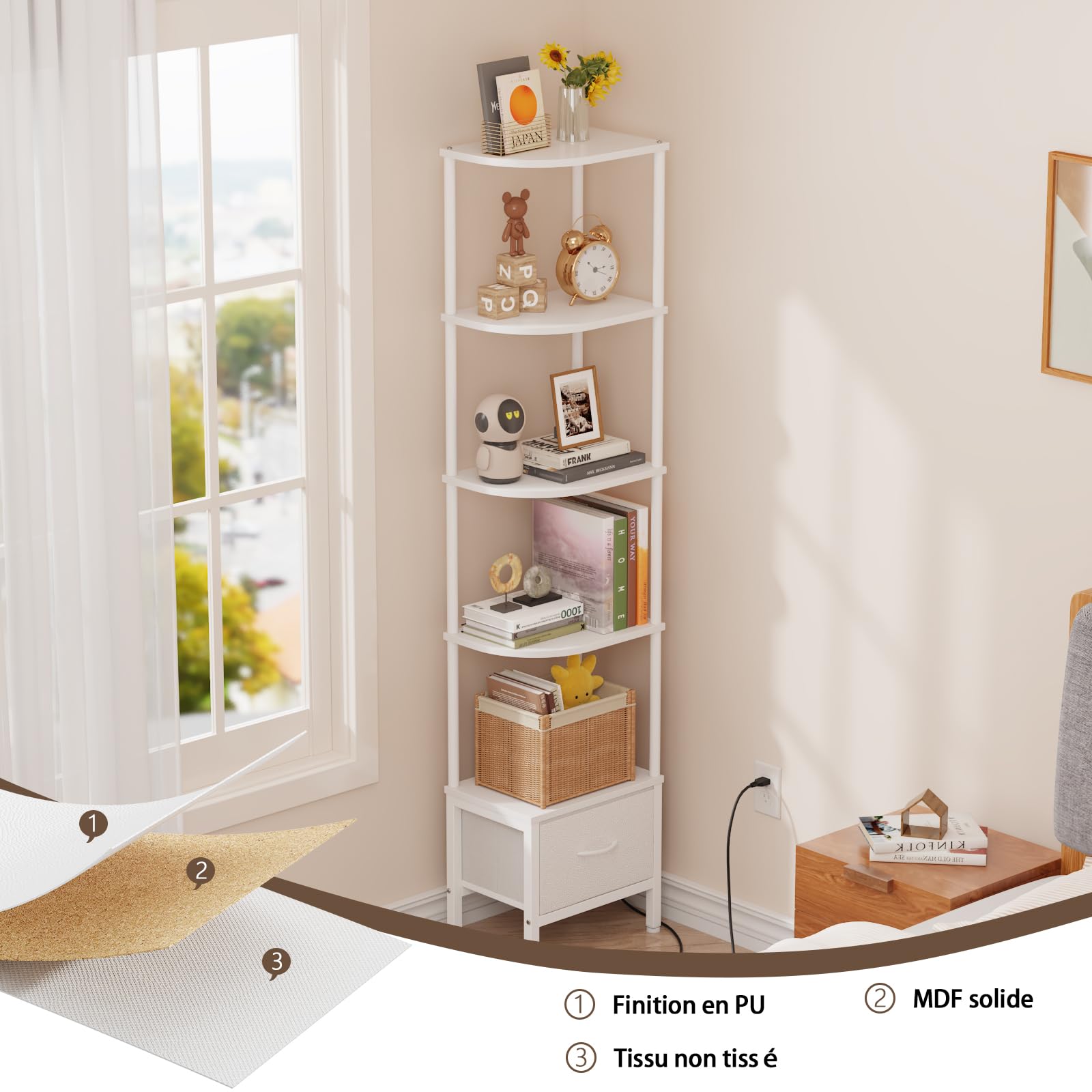 Étagère d'angle 5 Niveaux avec LED et tiroir, Blanc | LED pilotable par APP, montage facile, gain de place, 27×37 cm, étagère étroite, rangement & présentation