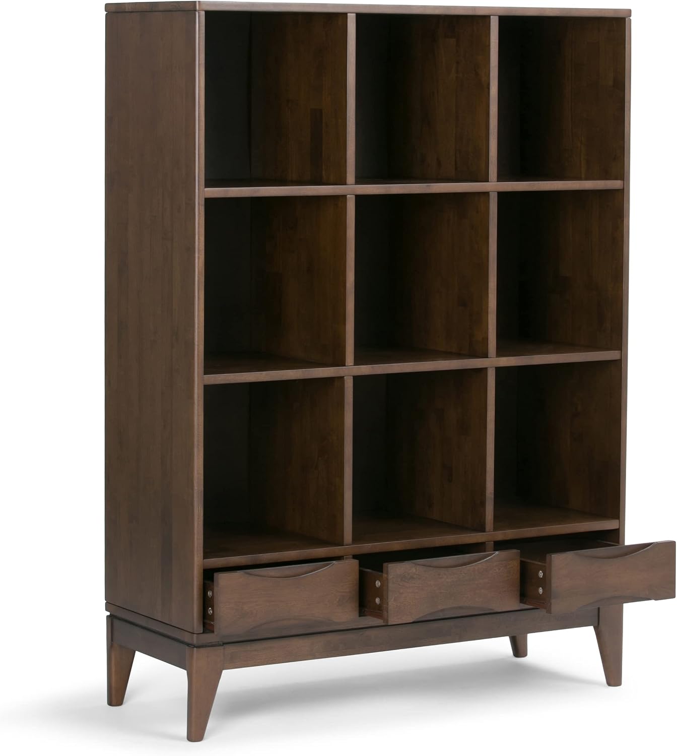 SIMPLIHOME Harper Bookcase - 58 inch Tall Solid Wood Cube Organizer with Drawers in Walnut Brown, Mid-Century Modern Storage for Living Room, Study or Office with Tapered Legs and Open Cubbies