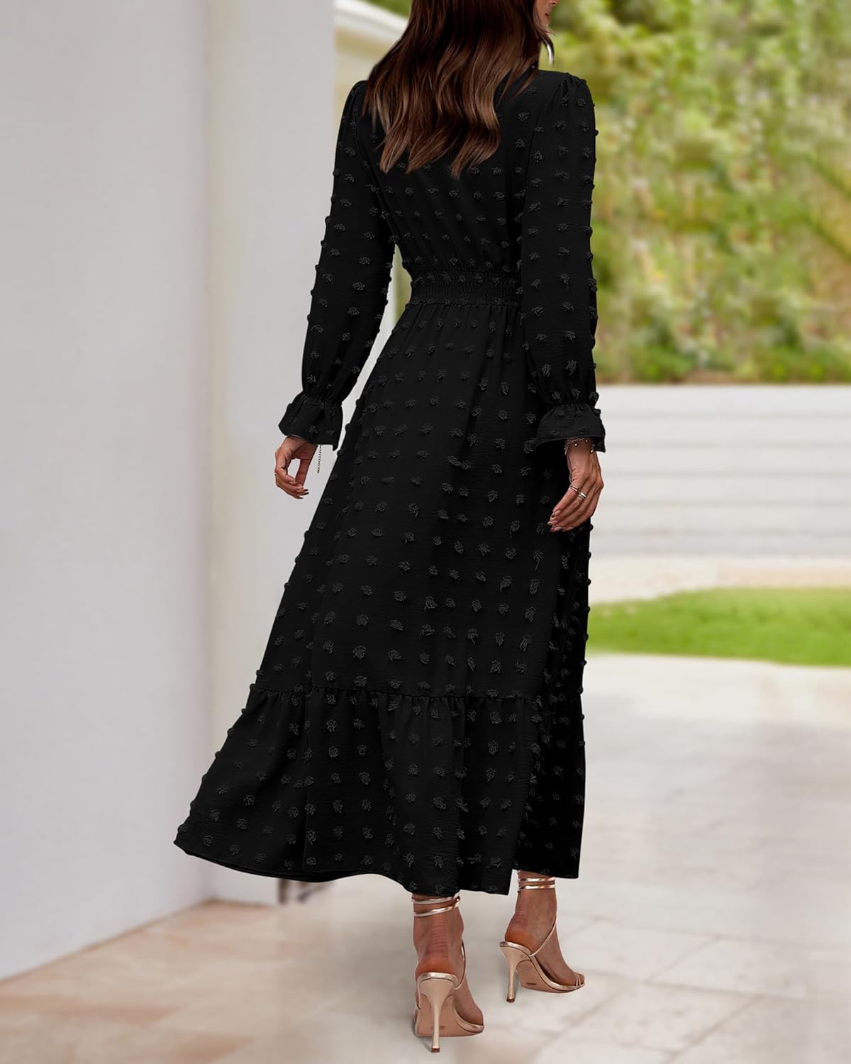 BTFBM Women Spring Maxi Dresses 2026 Long Sleeve V Neck Swiss Dots High Waisted A-Line Ruffle Boho Long Dress Vacation - Image 5