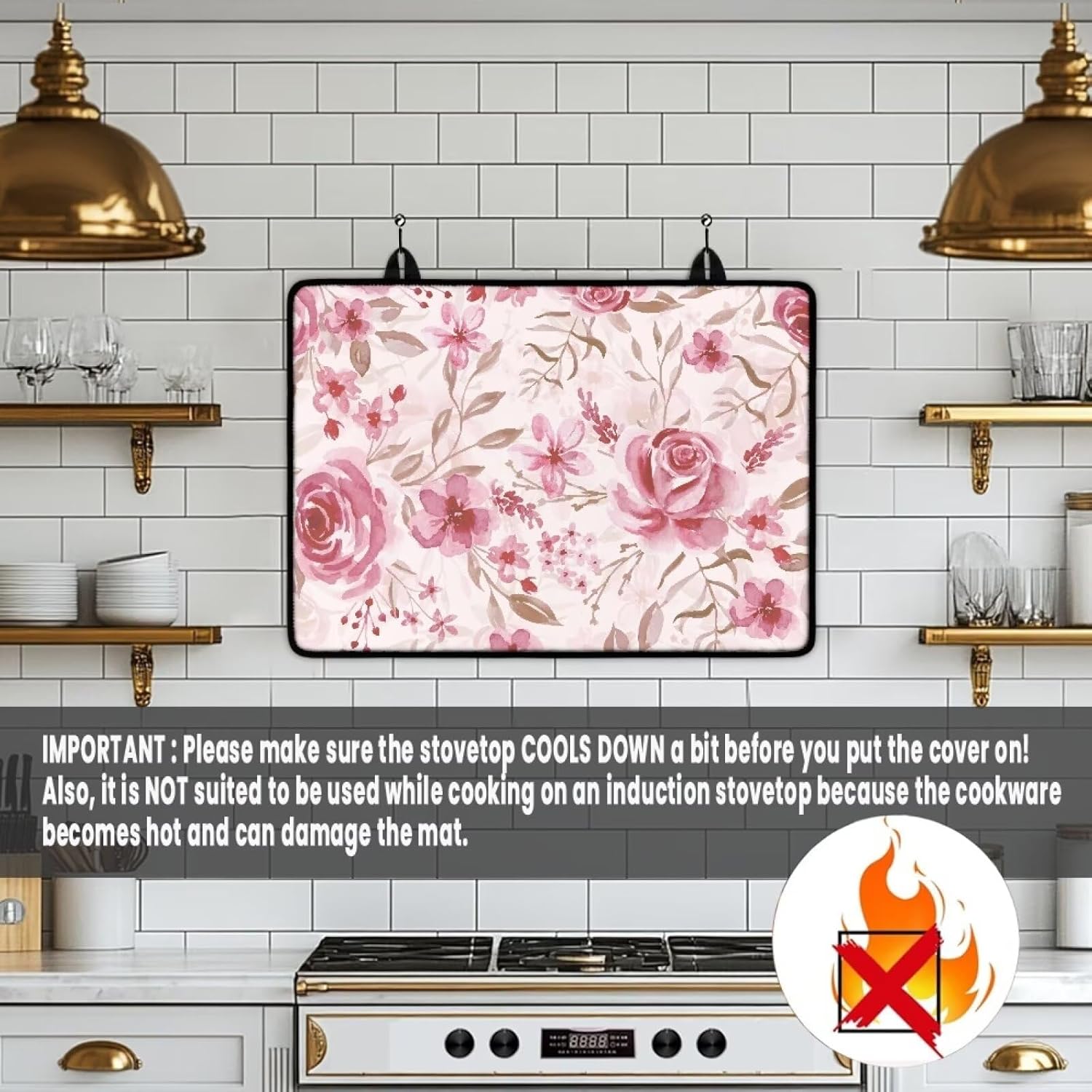 Pink Rose Stove Top Covers for Electric Stove, Glass Stove Top Cover Protector, Thick Induction Cooktop Protector,Dish Drying Mat,Cooktop Parts & Accessories