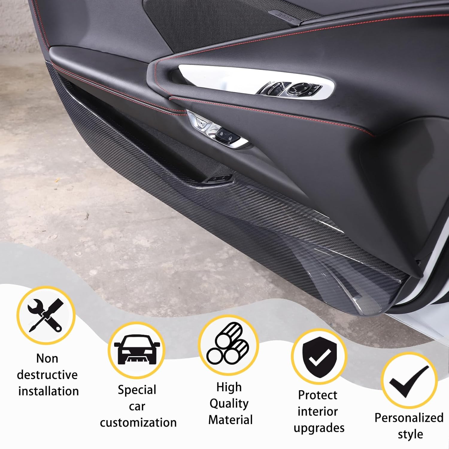 Carbon Fiber Car Interior Door Panel Trim Anti Kick Kit Compatible with Corvette C8 Stingray 2020 2021 2022 2023 Interior Decoration C8 Accessories (Black Carbon)