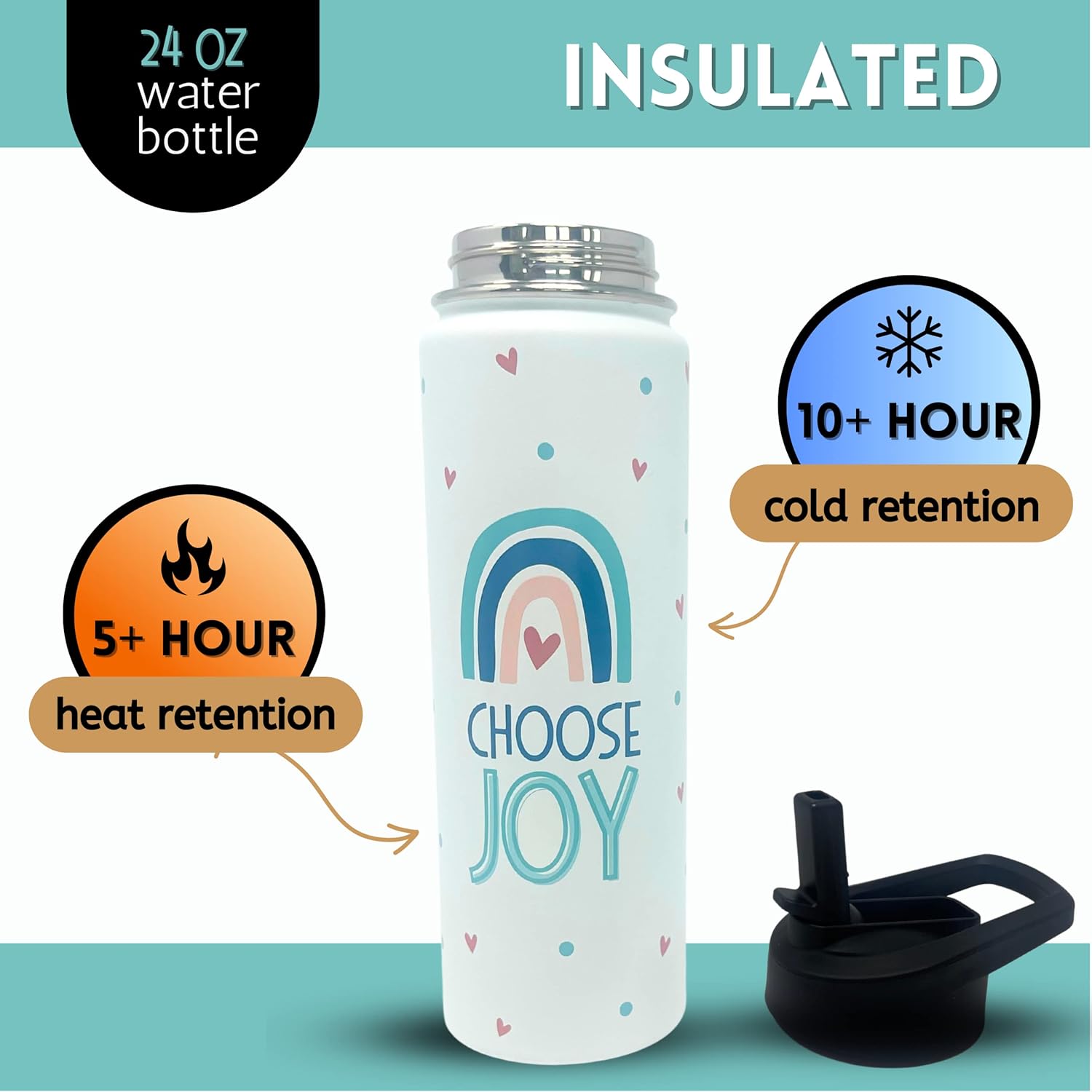 Brooke & Jess Designs Choose Joy 24 oz Insulated Water Bottle Cup - Gift for Mother’s Day, Birthday, Wife, Friend