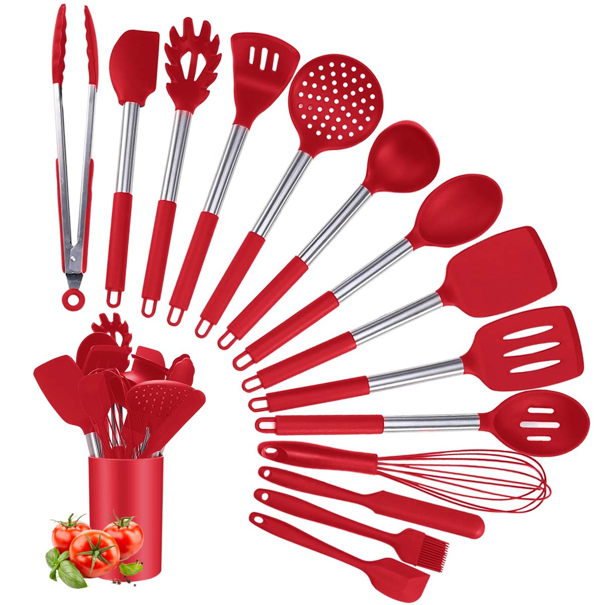 Silicone Cooking Utensil Sets, 15 pcs Kitchen Utensils Set, Non-stick Heat Resistant Silicone Cookware with Stainless Stee...