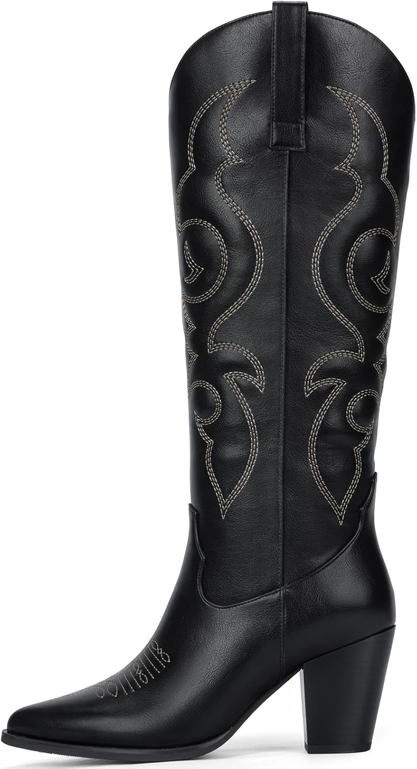 Pasuot Suede Cowboy Boots for Women - Western Knee High Cowgirl Boots with Side Zipper, Retro Pointed Toe Tall Block Heel Pull On Long Boot for Ladies Fall Winter Rodeos Concert Festival Daily - Image 5