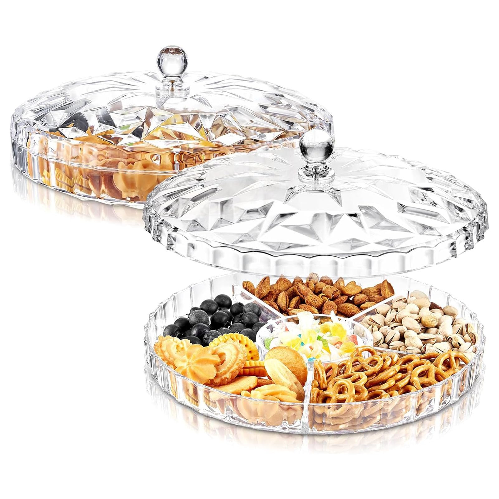 ROUNY Snack Serving Tray with Lid, 6 Compartments Round Plastic Food Storage Organizer, Plastic Divided Appetizer Tray for Dried Fruits, Candies, Nuts, Cookies, Treats, Food Serving Dip Platters