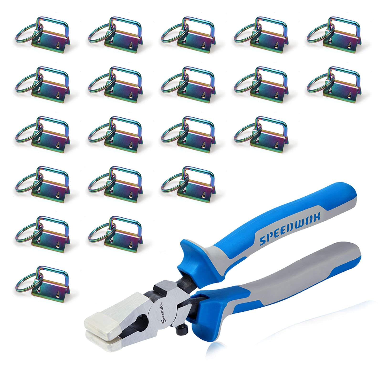 SPEEDWOX 20 Pcs 1" Rainbow Key Fob Hardware Set with Key Fob Pliers, 8 Inches Glass Breaking Pliers with Rubber Tips TPR Handles, for Wristlet Keychain Key Lanyard Making