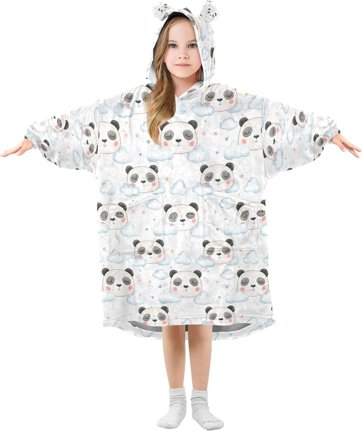 Cute Panda Kids Wearable Blanket Hoodie with Pocket and Sleeves for Toddlers, Cute Hoodies Girls Boys B0404180