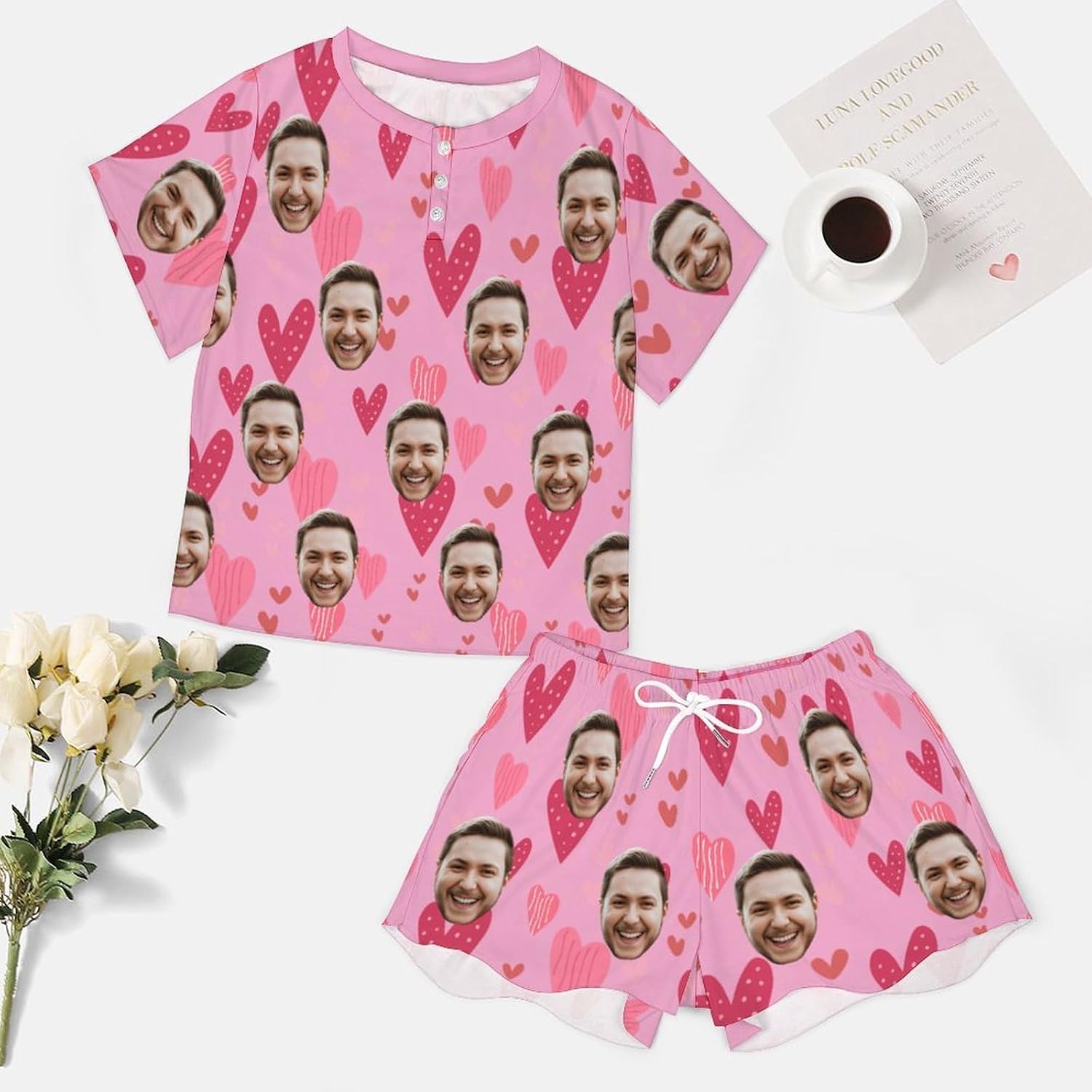 Personalized Face Pajama Set for Women, Custom Funny Photo Pink Heart Pjs for Valentine Day Galentines Bridal Shower Beachy Bachelorette Party Engagement Gift, Pet Cat Dog Face Sleepwear