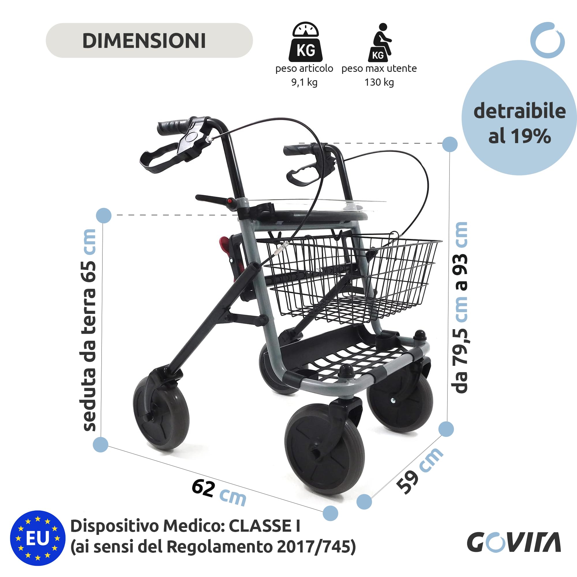 GOVITA - Deambulatore Pieghevole per Anziani con Seduta e Cestino – Rollator a 4 Ruote da Interno ed Esterno, Carrello Girello Regolabile con Freni e Portaoggetti