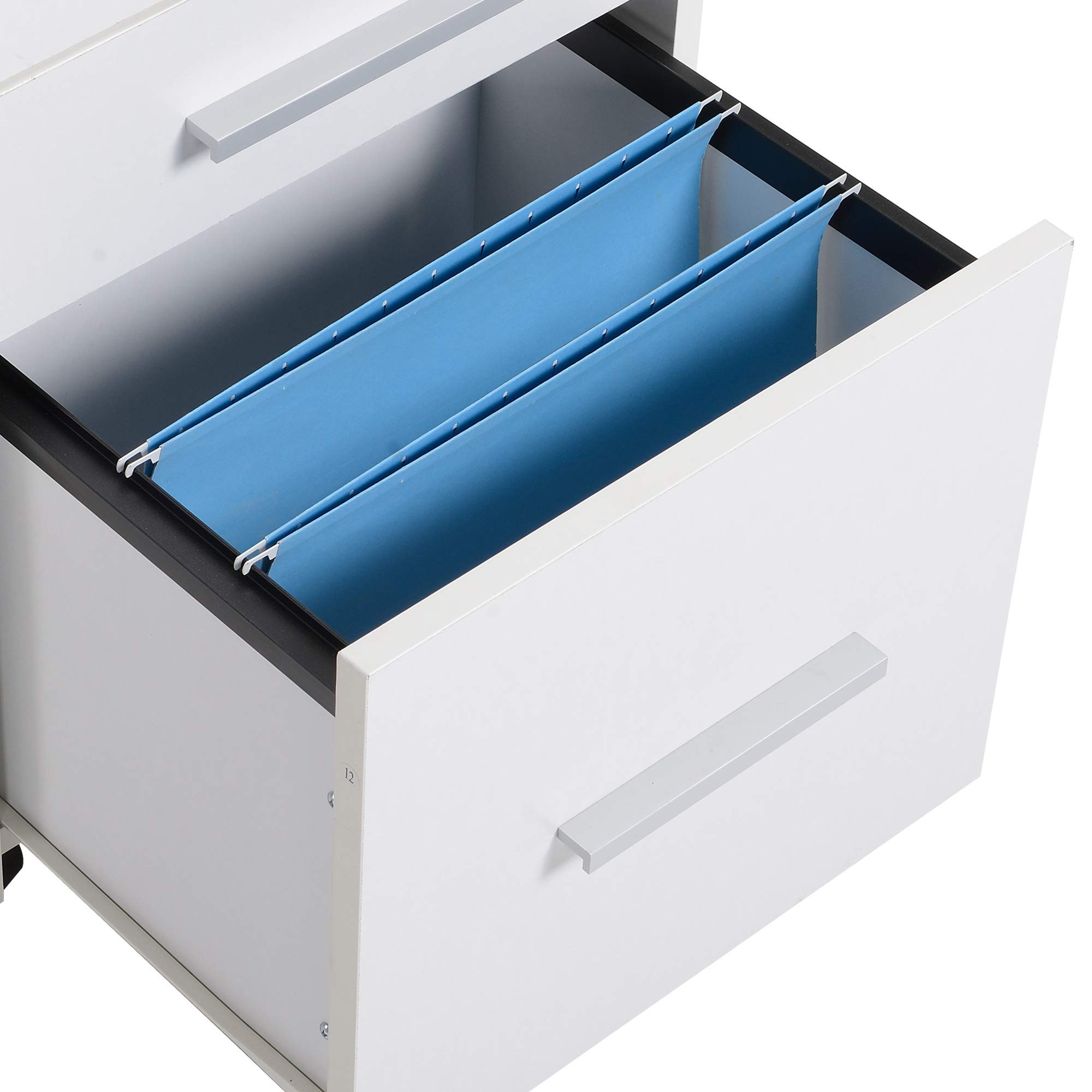 HOMCOM Caisson de bureau rangement bureau sur roulettes 3 tiroirs 1 verrouillable 1 trieur dossiers en bois blanc