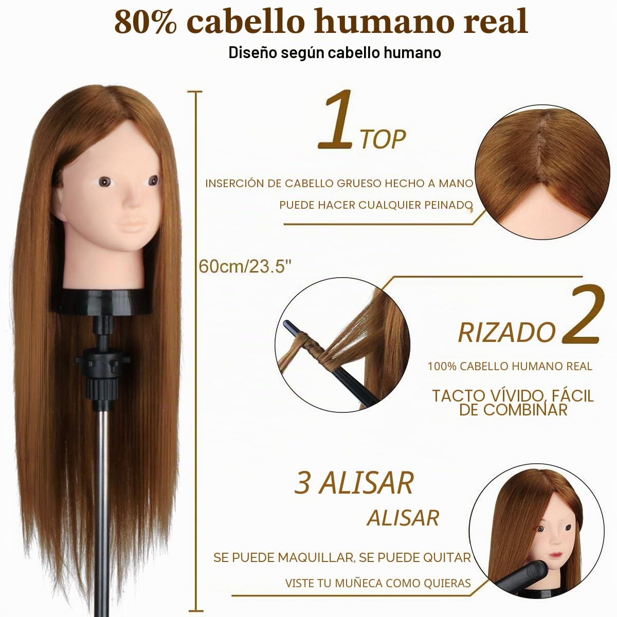 Maquillaje Cabeza de Maniquí, TopDirect 23.5" 80% Cabello Humano Real Practicas Formación Muñeca de la Cosmetología para Peluquería, Cabeza de Muñeca con Soporte de Mesa + Accesorios de Peinado