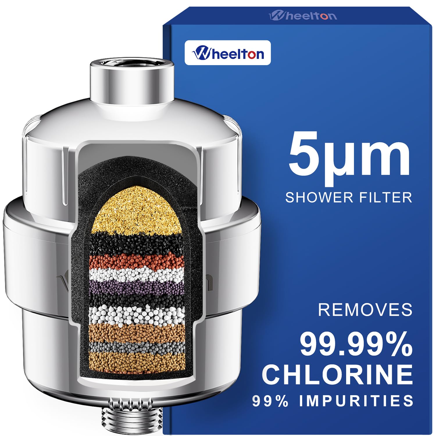 Wheelton Filtro de ducha – Filtro de cabezal de ducha de carbono comprimido mejorado para agua dura, elimina el cloruro para revitalizar la piel seca con picazón y vitamina C. Filtro de agua de ducha