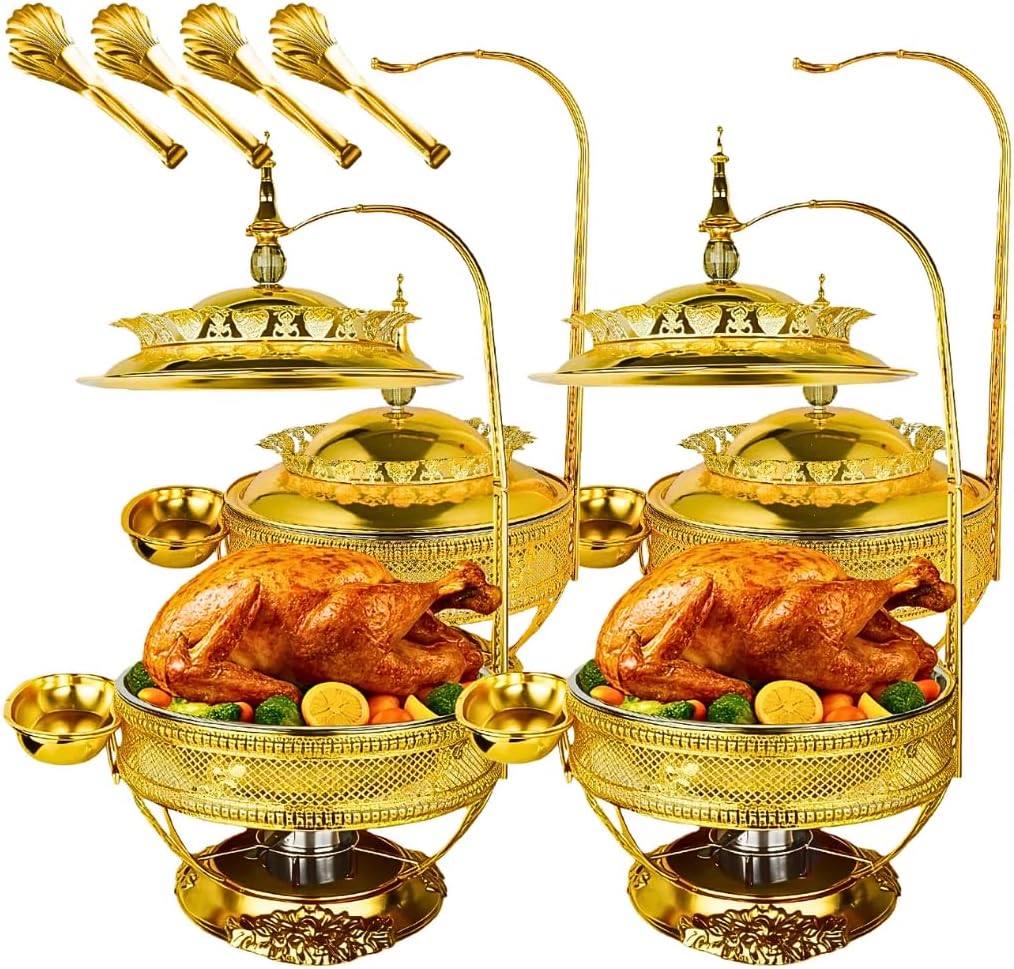 Gold Chafing Dishes for Buffet,8Qt Luxury Chafing Dishes with Hanging,Elegant Hollow-Out,Basket with Clips,Exquisite lid,Buffet Warmer for Weddings, Parties, Catering & Events