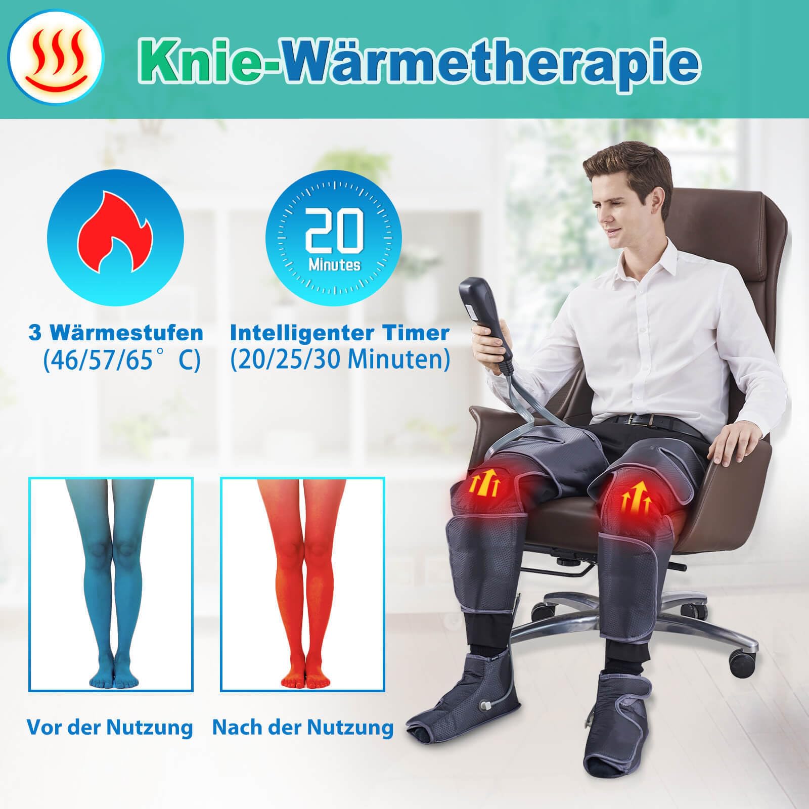 Appareil de massage des jambes avec chaleur pour la circulation sanguine, appareil de massage de compression d'air pour pieds, mollets, cuisses, genoux pour soulager la douleur, 4 modes, 4 intensités