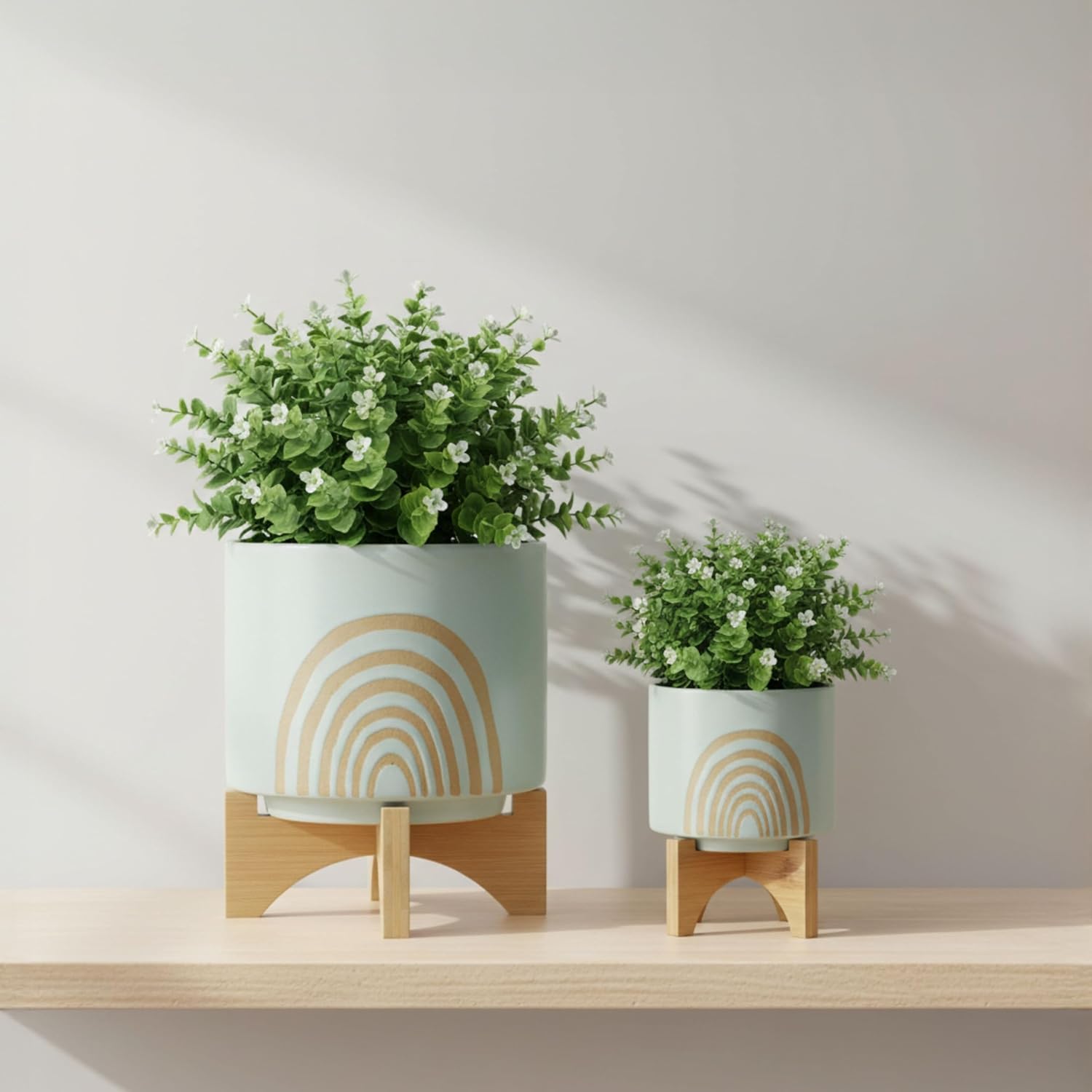 Arch Ceramic Planters with Wooden Stand for Home Decor Flower Pots for Living Room, Entryway, Patio, and Garden - Raised Plant Pots fo Indoor and Outdoor Plants - Set of 2, 11", 7", Green & Tan