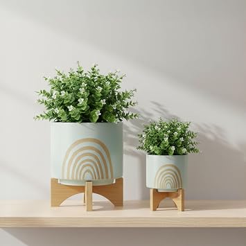 Arch Ceramic Planters with Wooden Stand for Home Decor Flower Pots for Living Room, Entryway, Patio, and Garden - Raised Plant Pots fo Indoor and Outdoor Plants - Set of 2, 11", 7", Green & Tan