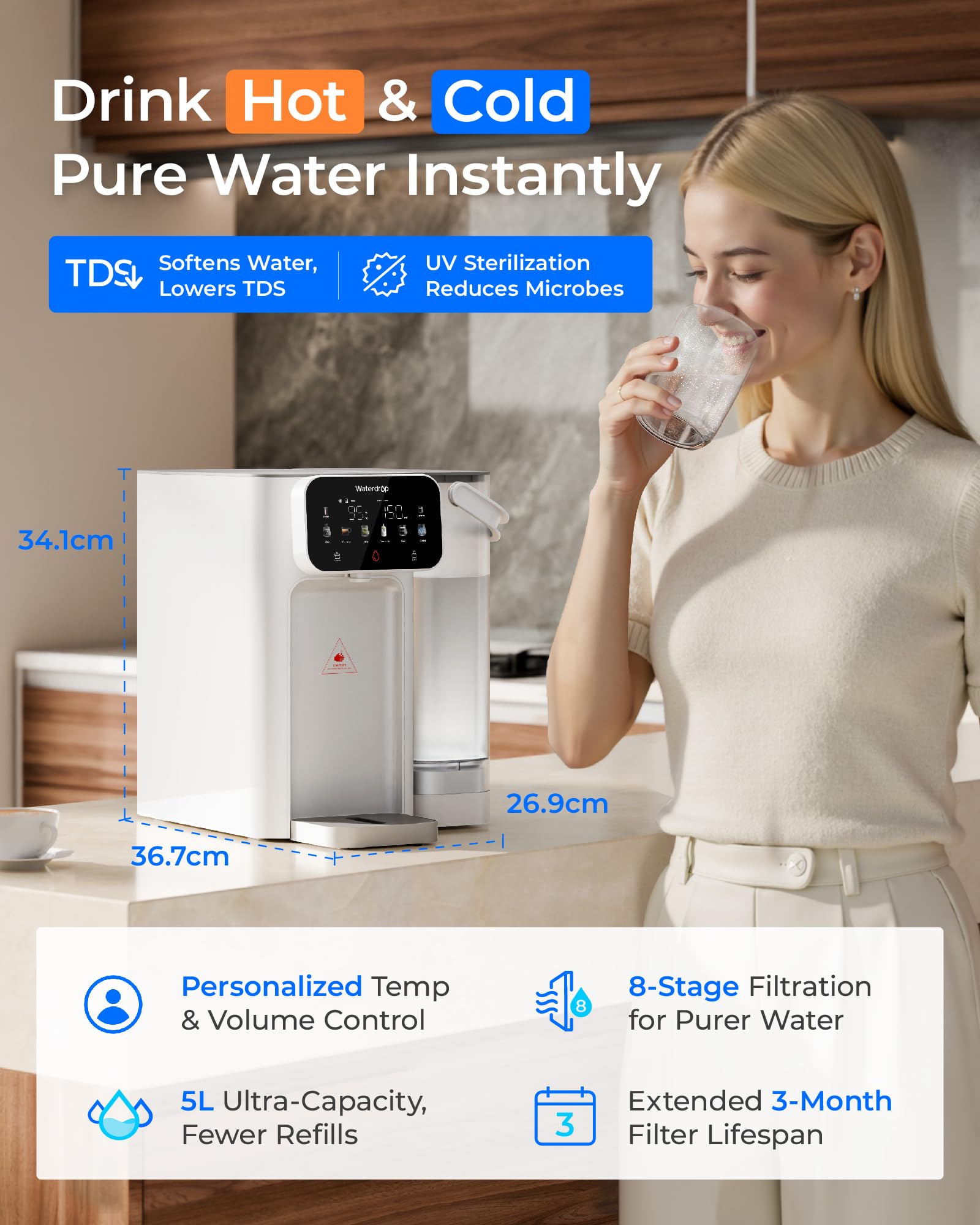 Waterdrop CT01 Natychmiastowy dozownik gorącej i zimnej filtrowanej wody, redukuje TDS, kamień wapienny, chlor, zachowuje główne minerały, 8-stopniowa filtracja ze sterylizacją UV, różne ustawienia
