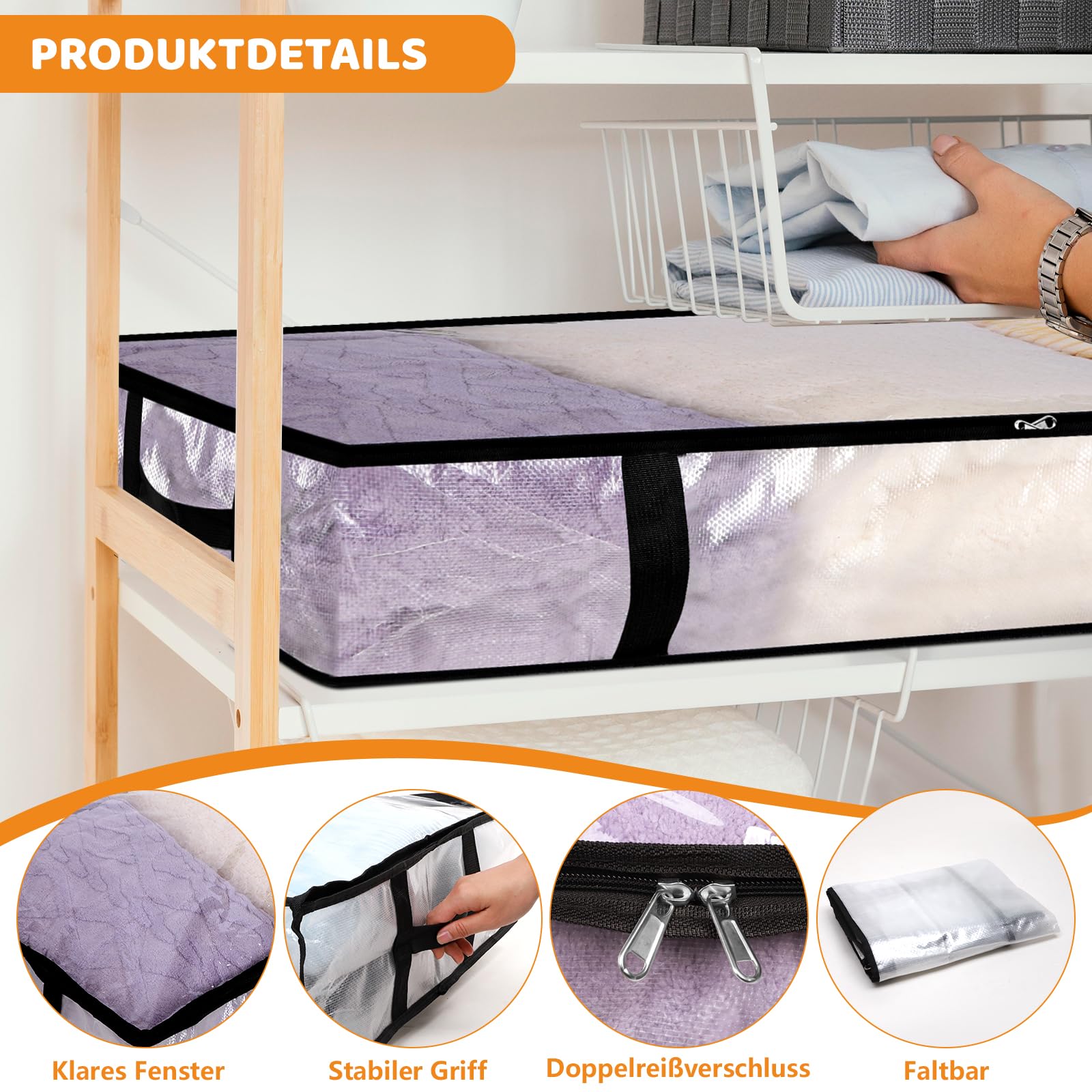 Dntorx 6 scatole portaoggetti da 90 l, trasparenti, pieghevoli, con manico | materiale PP, coperchio trasparente, chiusura lampo, 4 manici, pieghevole, per piumini, cuscini, vestiti e scarpe