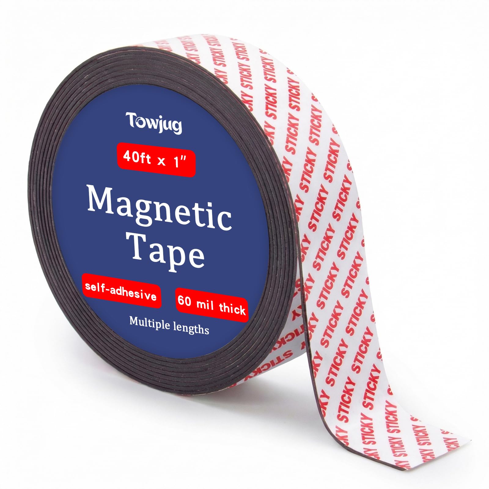 Towjug Rollo de cinta magnética con parte trasera adhesiva 3M, (1 pulgada de ancho x 40 pies de largo), tiras adhesivas flexibles resistentes para cocina, garaje, pizarras blancas, nevera