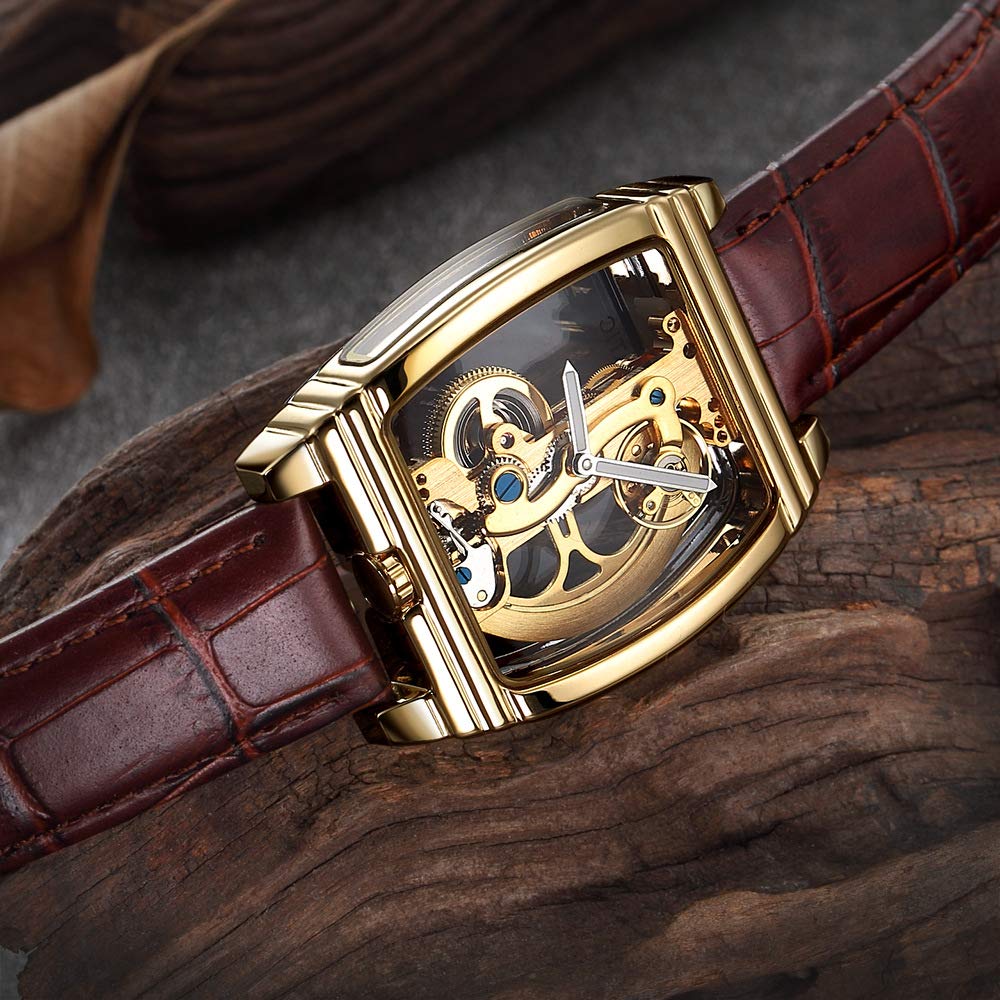 MASTOP Relojes de pulsera de cuero mecánicos para hombre, de lujo, transparente, automático, Steampunk, esqueleto, Dorado marrón, Classic