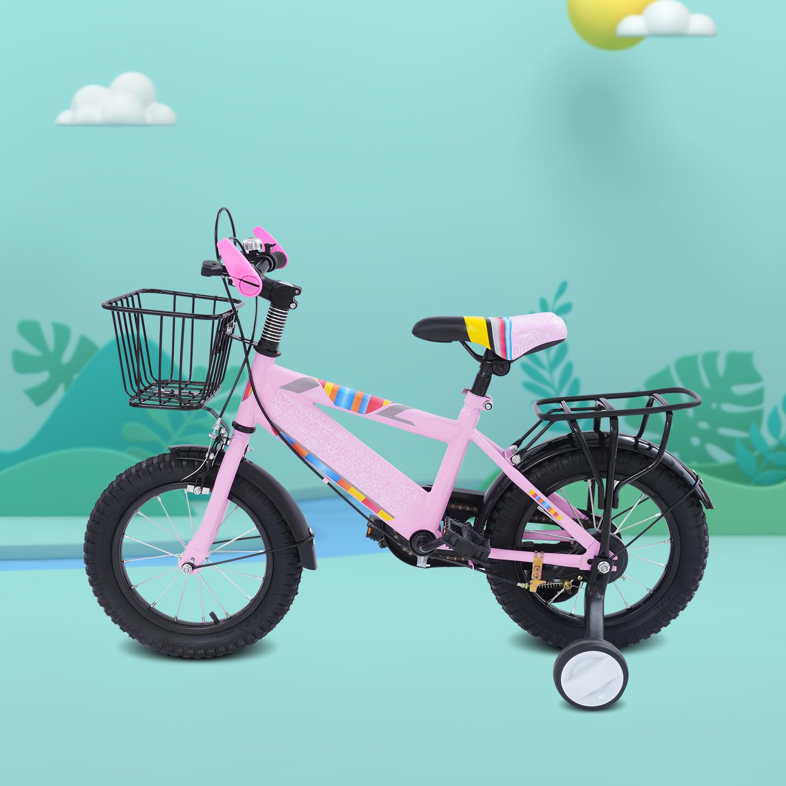 14 Zoll Kinderfahrrad, Jungen und Mädchen Fahrrad Kinder mit Stützrädern und Korb, Klingel, Höhe Einstellen Kinder Fahrrad, Trainingsfahrrad für 3-6 Jahre Jungen und Mädchen