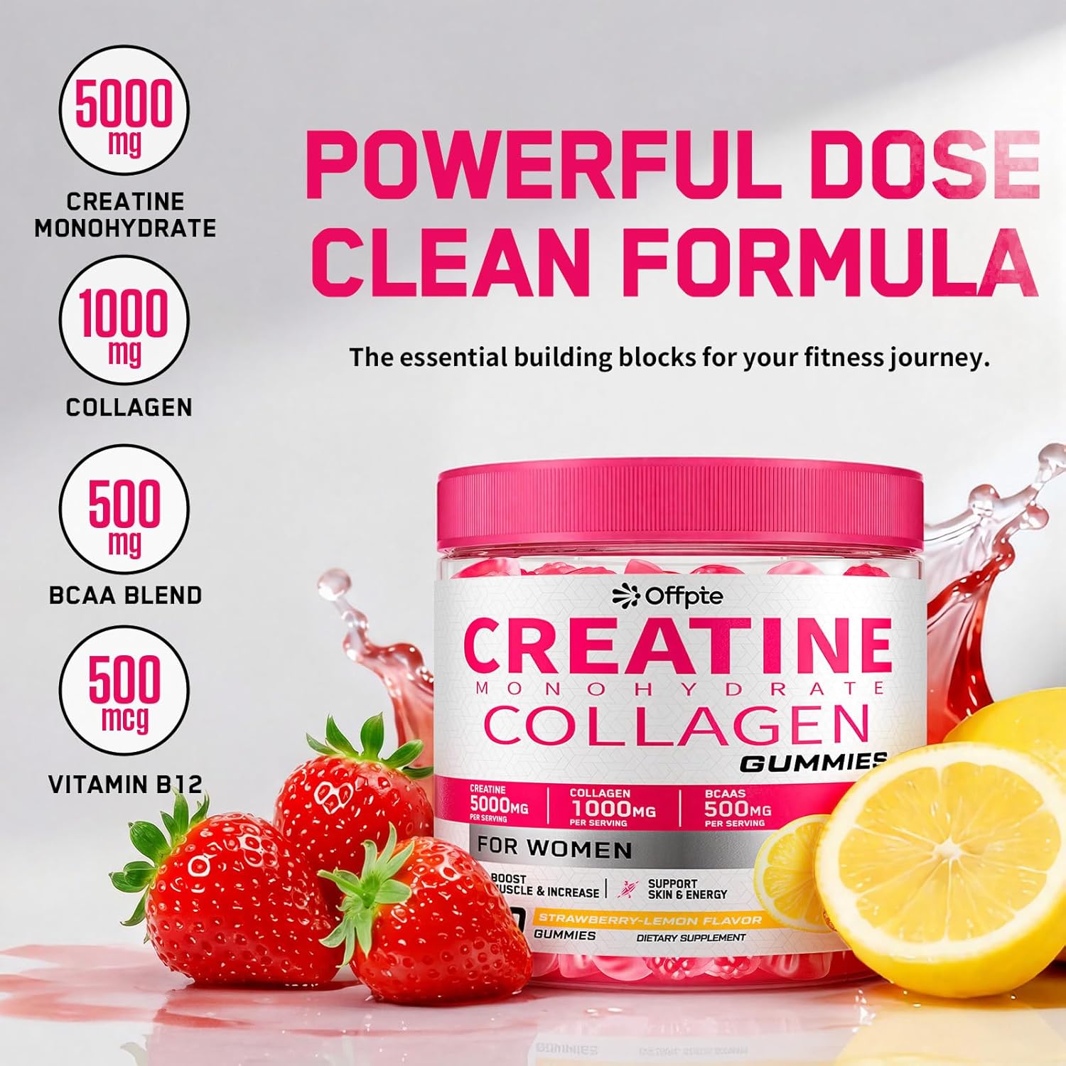 Creatine for Women, 5000mg Creatina Monohidratada Gummies with Collagen & BCAAs for Muscle Recovery, Energy & Skin, Chewable Post-Workout Supplement, Sugar-Free, No Bloating, 4 Gummies Per Day