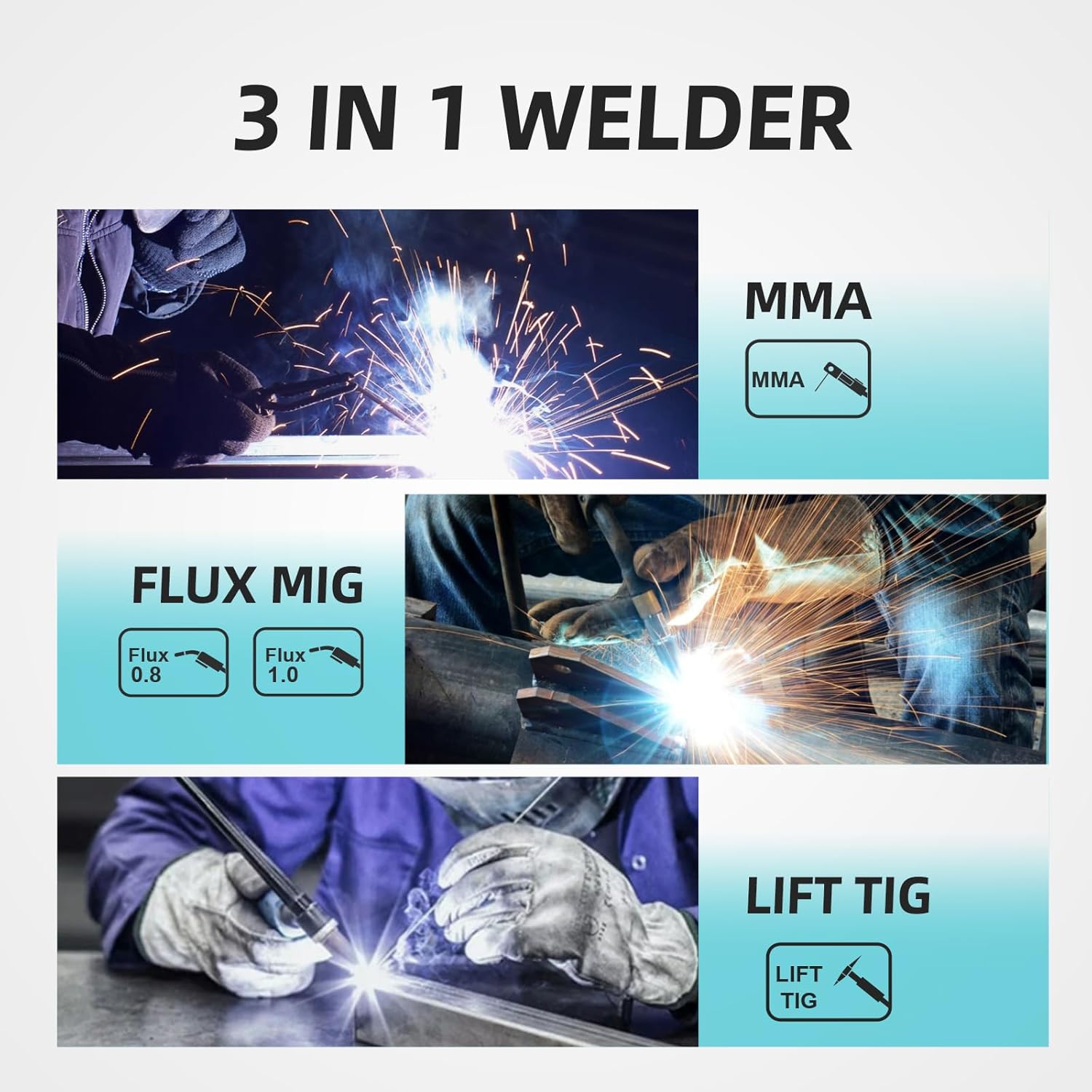 TTAMPLAR 3-in-1 Welder with MMA, Flux MIG, and Lift TIG Capabilities