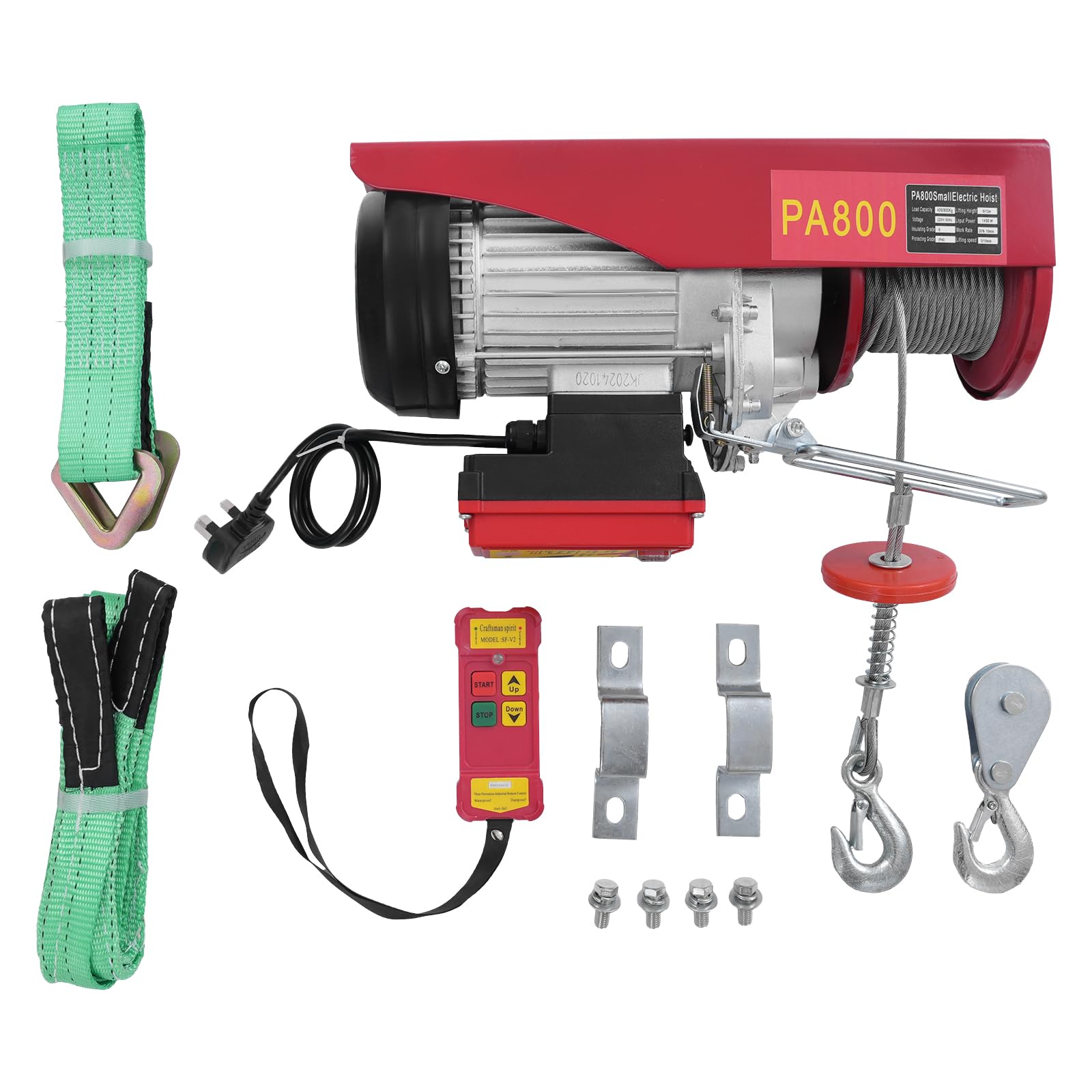 HarBin-Star Electric Hoist Lift, 800kg/1763.7lbs Overhead Electric Hoist, Lectric Winch, 220V Electric Winch with Remote Control & Lifting Straps, for Garage, Warehouses, Factories Lifting (800kg Red)