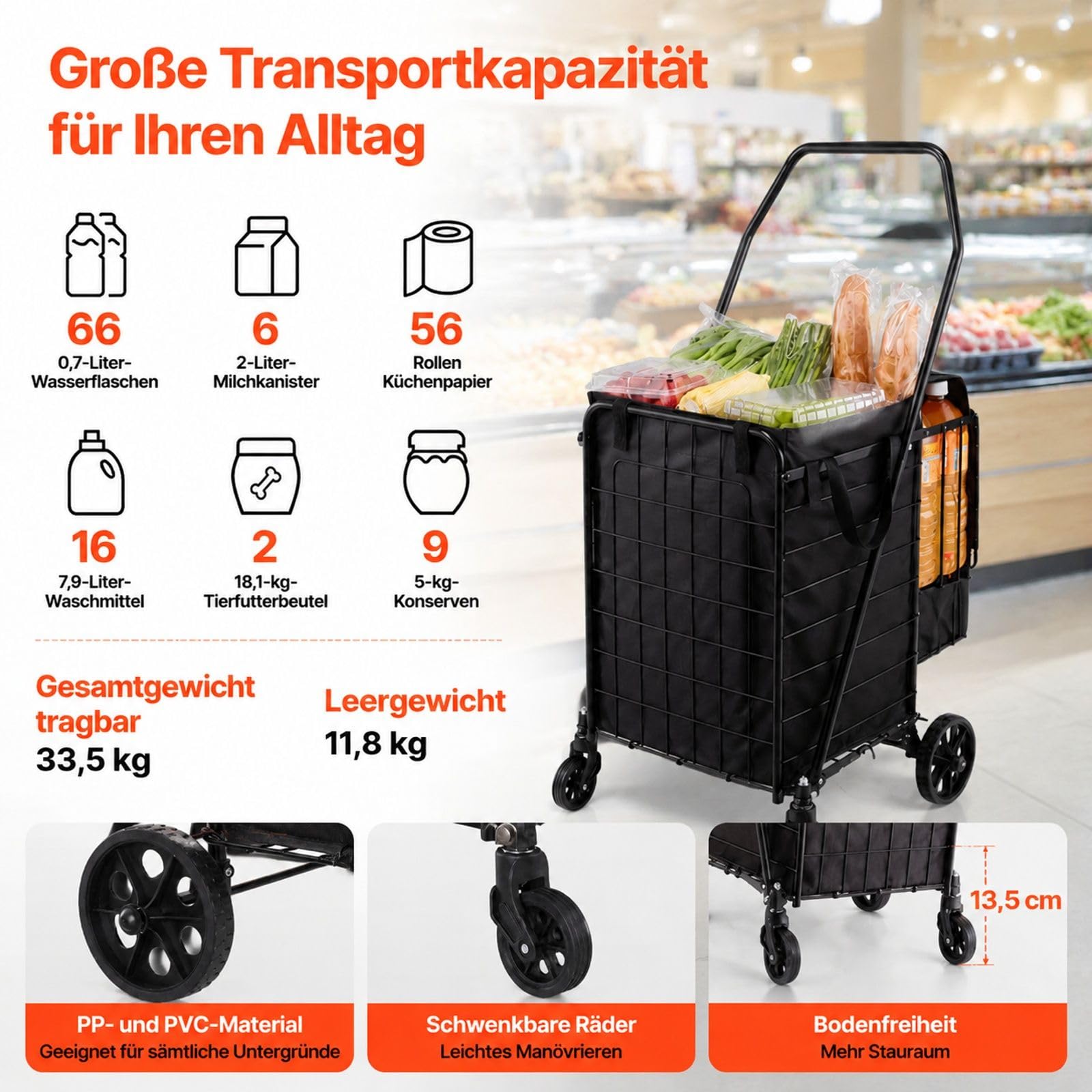 Zusammenklappbarer Einkaufsroller mit 2 Körben, Rollen und Auskleidung, für Wäsche, Einkaufen, Camping und Lebensmittel