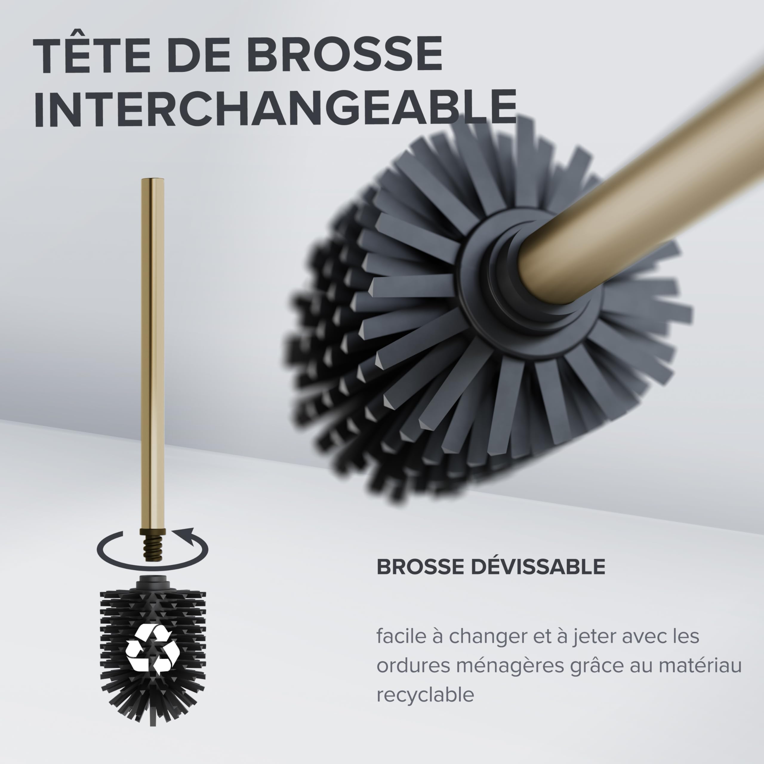 ovimar Erviksanden Brosse de toilette, dorée, montage mural, avec perçage, en silicone, avec fonction d'aération, à percer ou à coller, en acier inoxydable, tête de brosse WC interchangeable