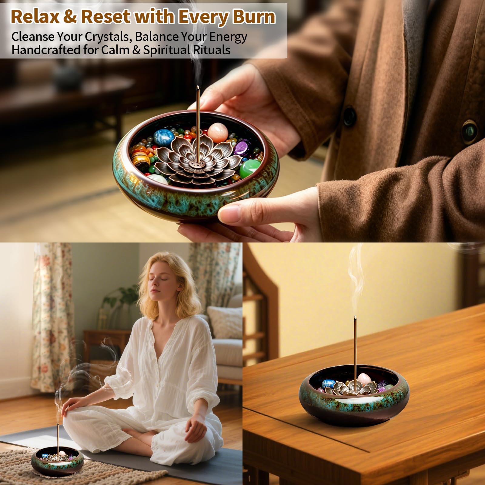 Lermende Bruciatore Incenso in Ceramica: Porta incenso con design loto rimovibile con Bruciatore per Incenso con Pietre dei Chakra e Coperchio in Metallo, Bruciatore per Incenso per La Meditazione.