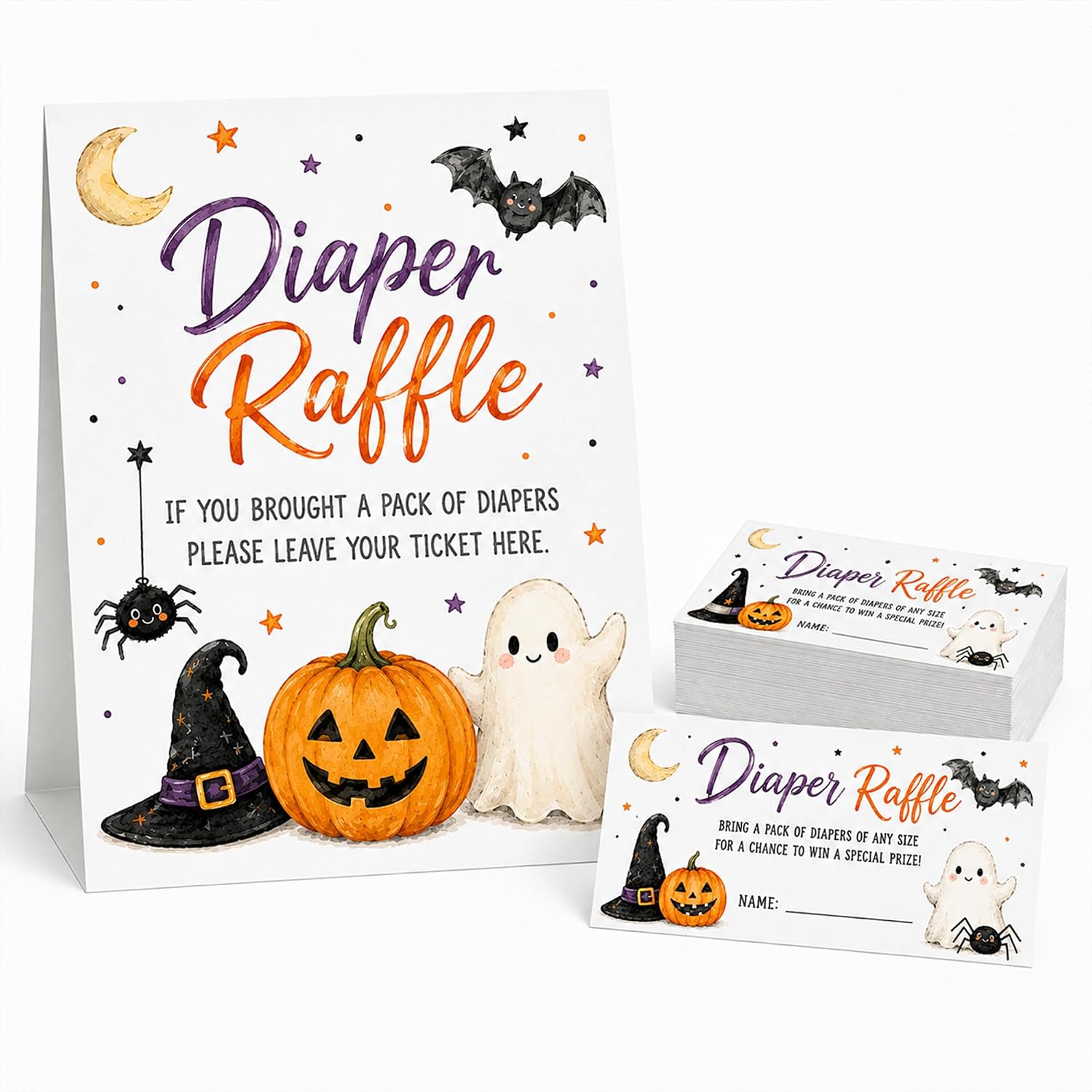 Halloween Diaper Raffle Sign, Halloween Baby Shower Games 50 Tickets With 1 Standing Sign, Gender Reveal Baby Announcement Party Game Decorations and Supplies, Baby Shower Party Game Kit-A02