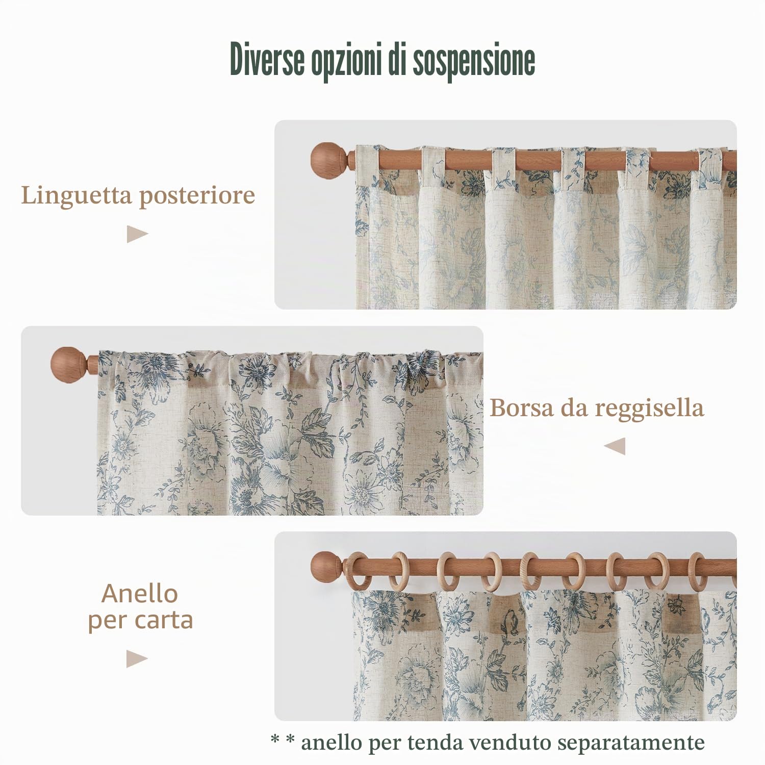 TOPICK Tende floreali in lino con passanti nascosti, traslucide, per soggiorno, camera da letto, set da 2 pezzi, 140 x 210 cm (larghezza x altezza), blu su beige