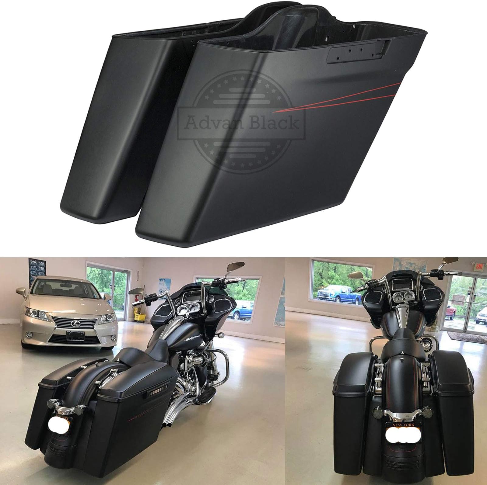 Motorcycle Saddle Bags Stretched Bags Fit for Harley Touring 2014+, 4.5 inch Dual Uncut, Denim Black with Medium Red Pinstripe