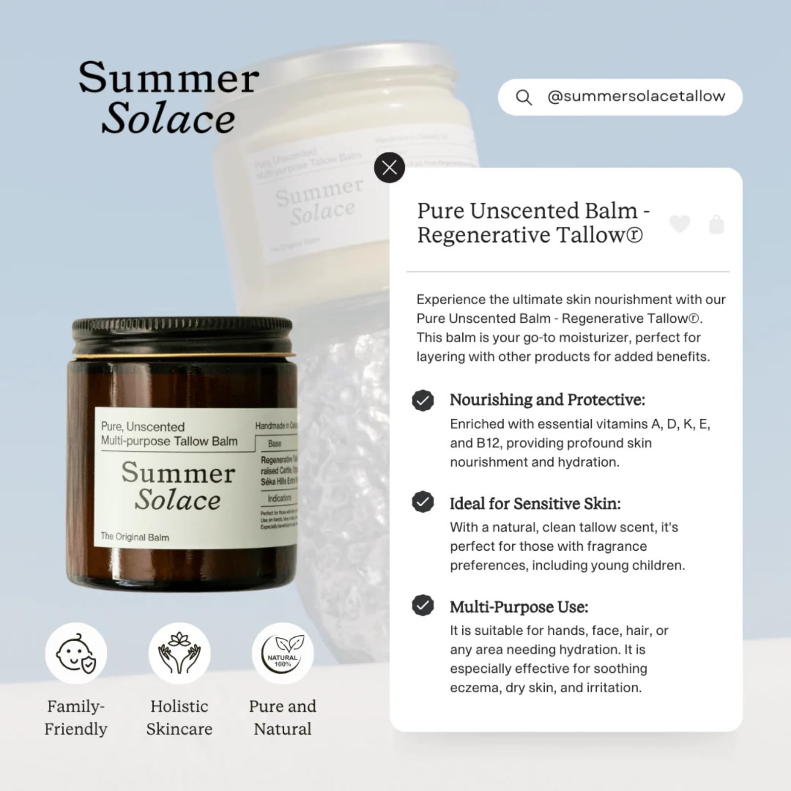 Summer Solace Unscented Tallow Balm Face & Body Moisturizer 60ml