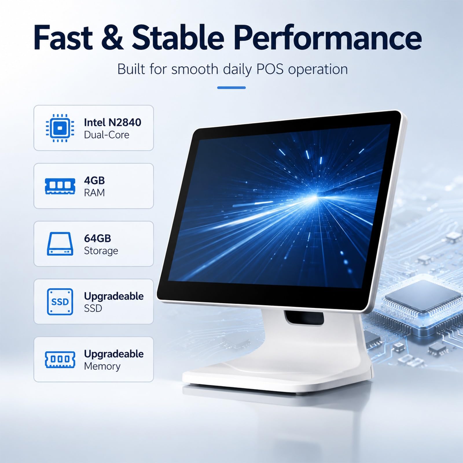 Registratore di Cassa Intelligente for Negozi, Terminale POS | Controlla Stock, 15.6" Touch, 64GB SSD, Raffreddamento, Supporto Inclinabile, per Panetterie