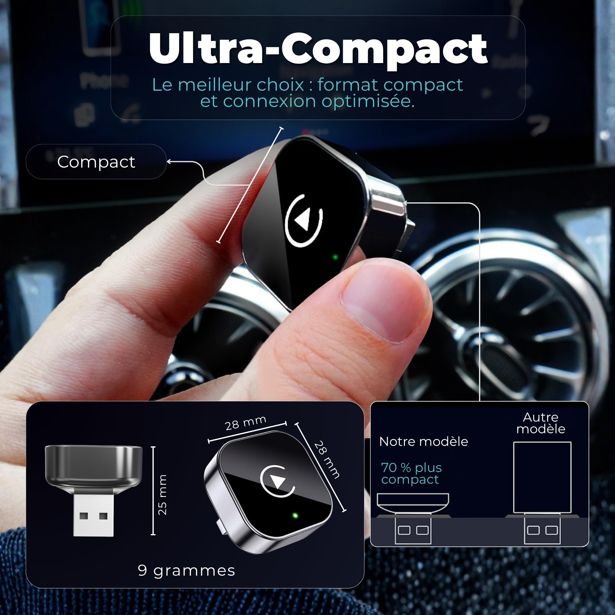 Adaptateur Carplay sans Fil & Android Auto sans Fil 2 en 1 Mini (Version 2026) – Plug & Play, reconnexion Rapide, 3 Accessoires Inclus, Compatible USB-A et USB-C