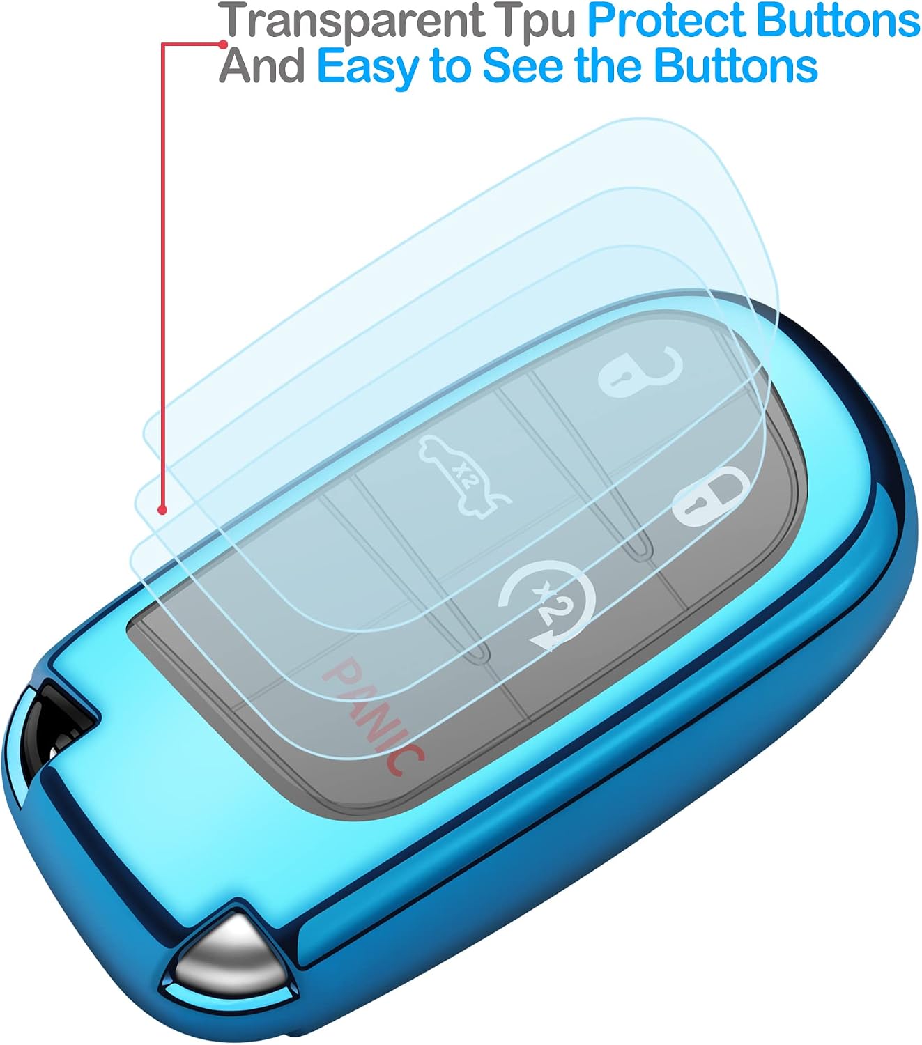 Tukellen for Jeep Dodge Key Fob Cover Premium Soft Full Protection Key Case Shell Compatible with Jeep Grand Cherokee Wrangler Compass Cherokee Renegade Patriot Grand Comander(Blue)