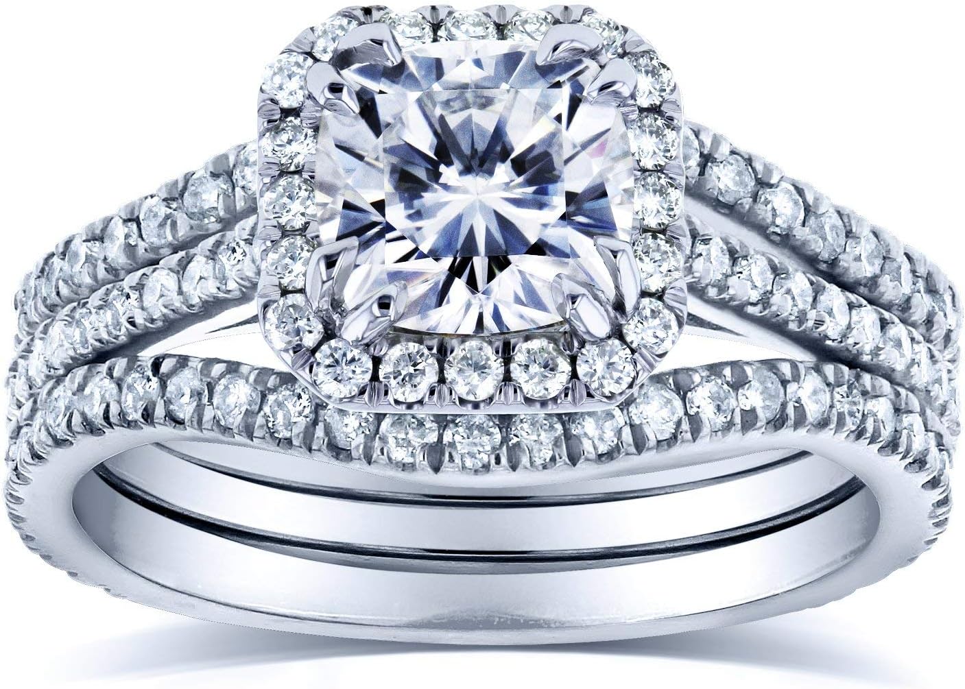 Kobelli Forever One D-F Cushion Moissanite Halo Bridal Set 1 4/5 CTW in 14k White Gold