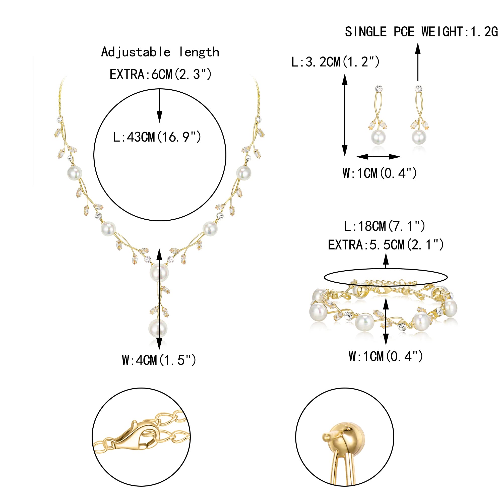 EVER FAITH Juego de 3 joyas para novia, chapado en oro blanco, circonitas y hojas de perlas simuladas, collar y pendientes de filigrana, juego de pulsera para mujer, tono dorado claro, Perla Circonita