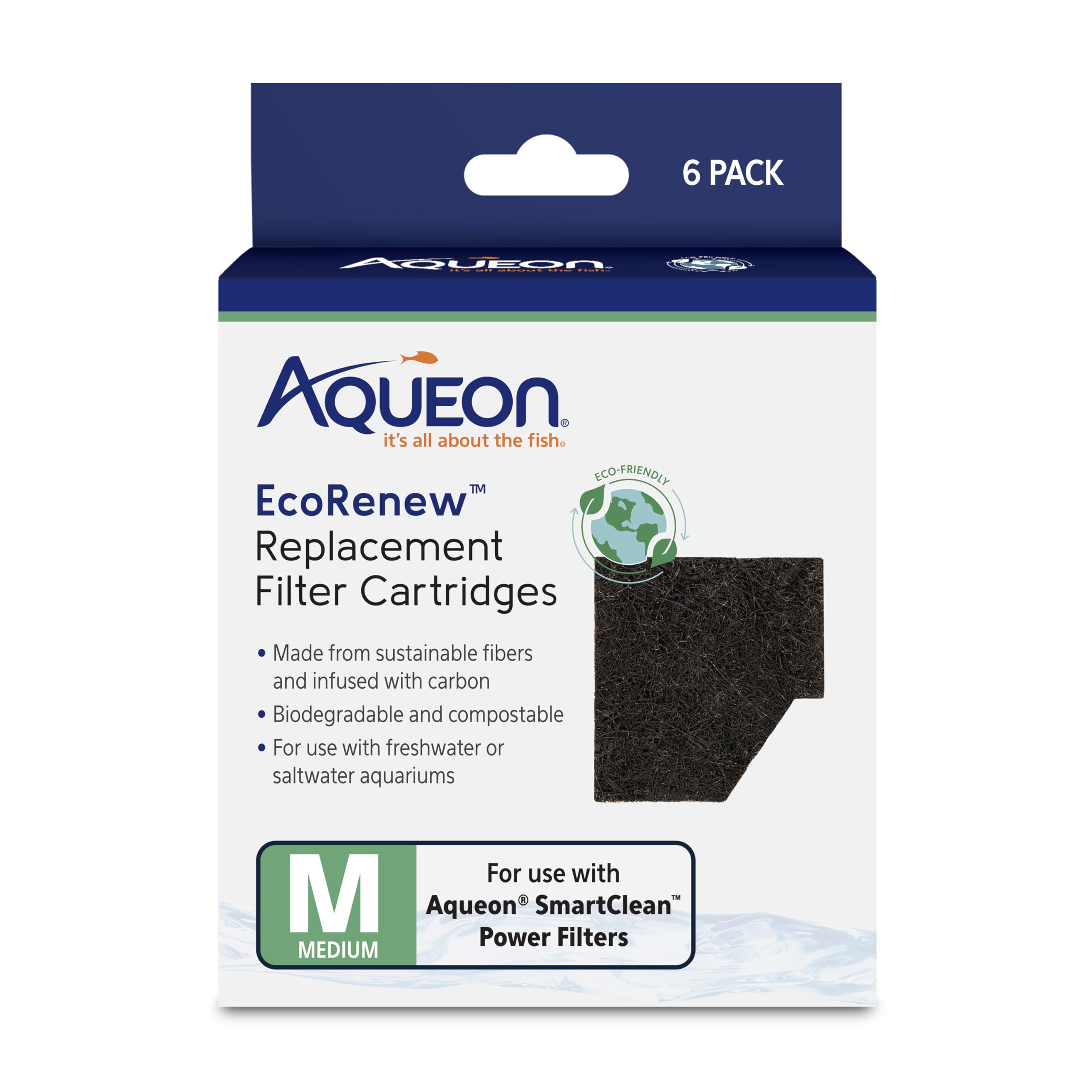 Aqueon Genuine EcoRenew Filter Cartridges, for Freshwater and Saltwater Aquariums, Medium, 6-Pack