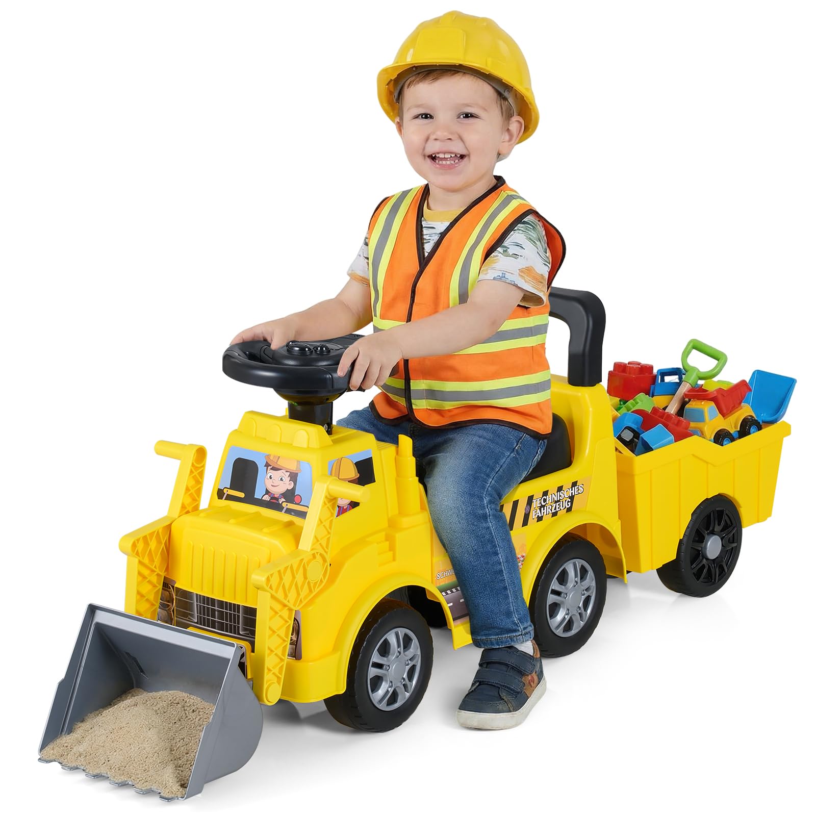 Maxmass Kids Ride on Excavator, 2 in 1 Toddler Ride on Bulldozer with Detachable Trailer, Under-Seat Compartment, Music, Horn, Children Toy Car Construction Vehicle for Old