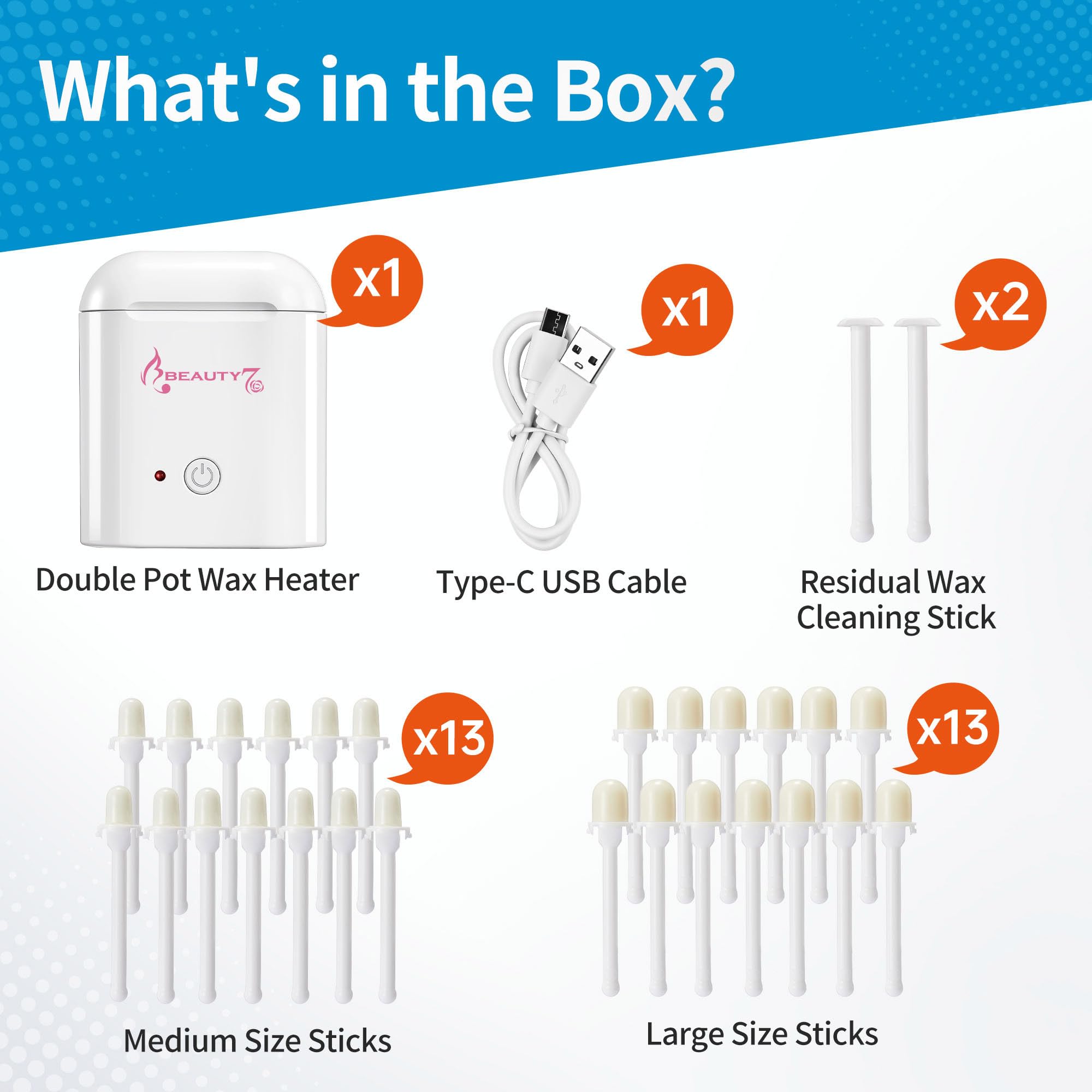 Beauty7 Nose and Ear Wax Kit, 26 Bastoncini di Cera Preconfezionati Pronti all'uso, Scaldacera USB Portatile, Kit per Depilazione di Viso, Orecchie e Naso, Facile da Usare, Sicuro e Naturale