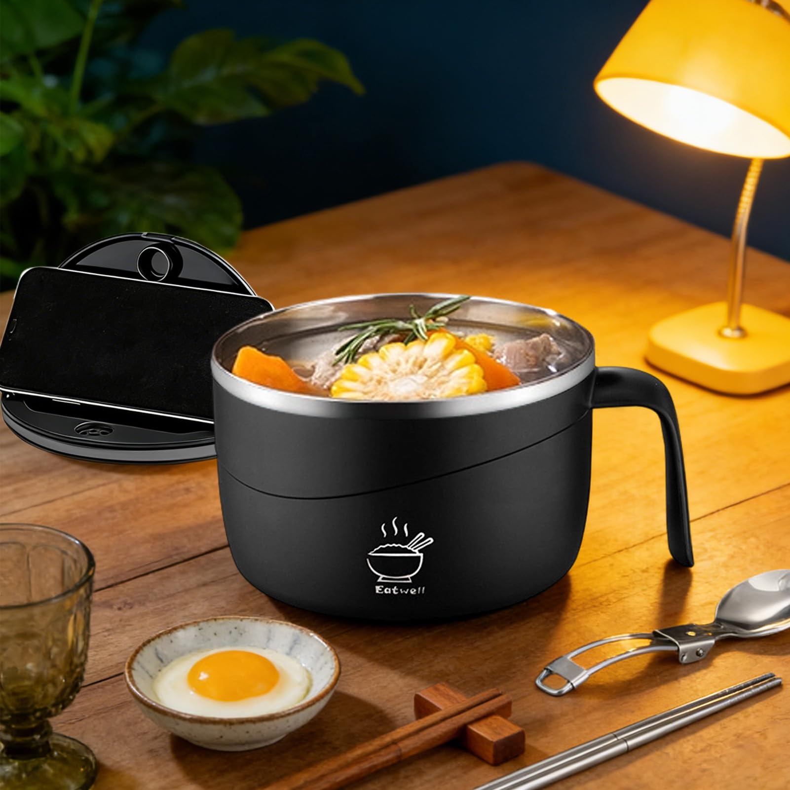 Generico per Noodles Set Set Portatile con Coperchio e Forchetta per Zuppa | per Noodles in Acciaio Inossidabile per Riso Pho Pasta Porridge Zuppa Insalata Casa Università