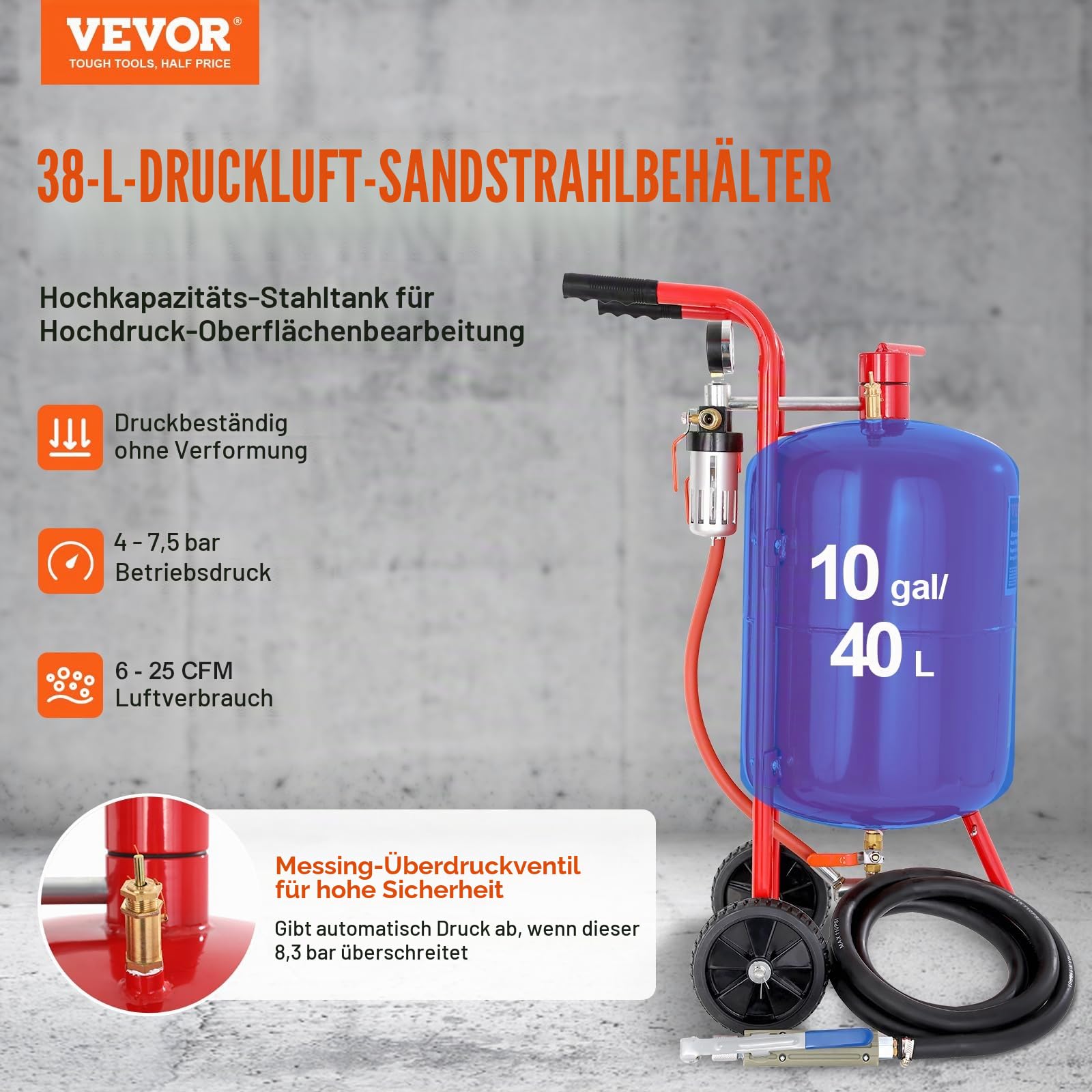 VEVOR Sandstrahlen, 40 L Sandstrahlmaschine, 60-125 PSI Mobiler Sandstrahler mit Zubehör, 2,4 mm, 2,7 mm, 3,2 mm, 3,6 mm Keramikdüsen Sandstrahlerrohr, 2,5 m Schlauchlänge Siphon-Schleifeinheiten